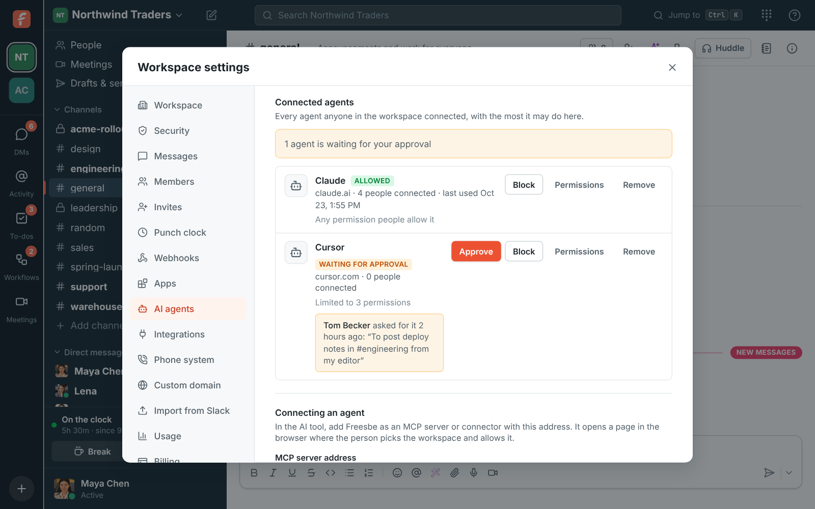 Workspace settings, AI agents: who can connect, the agents people connected with Approve, Block and Permissions, and the activity log