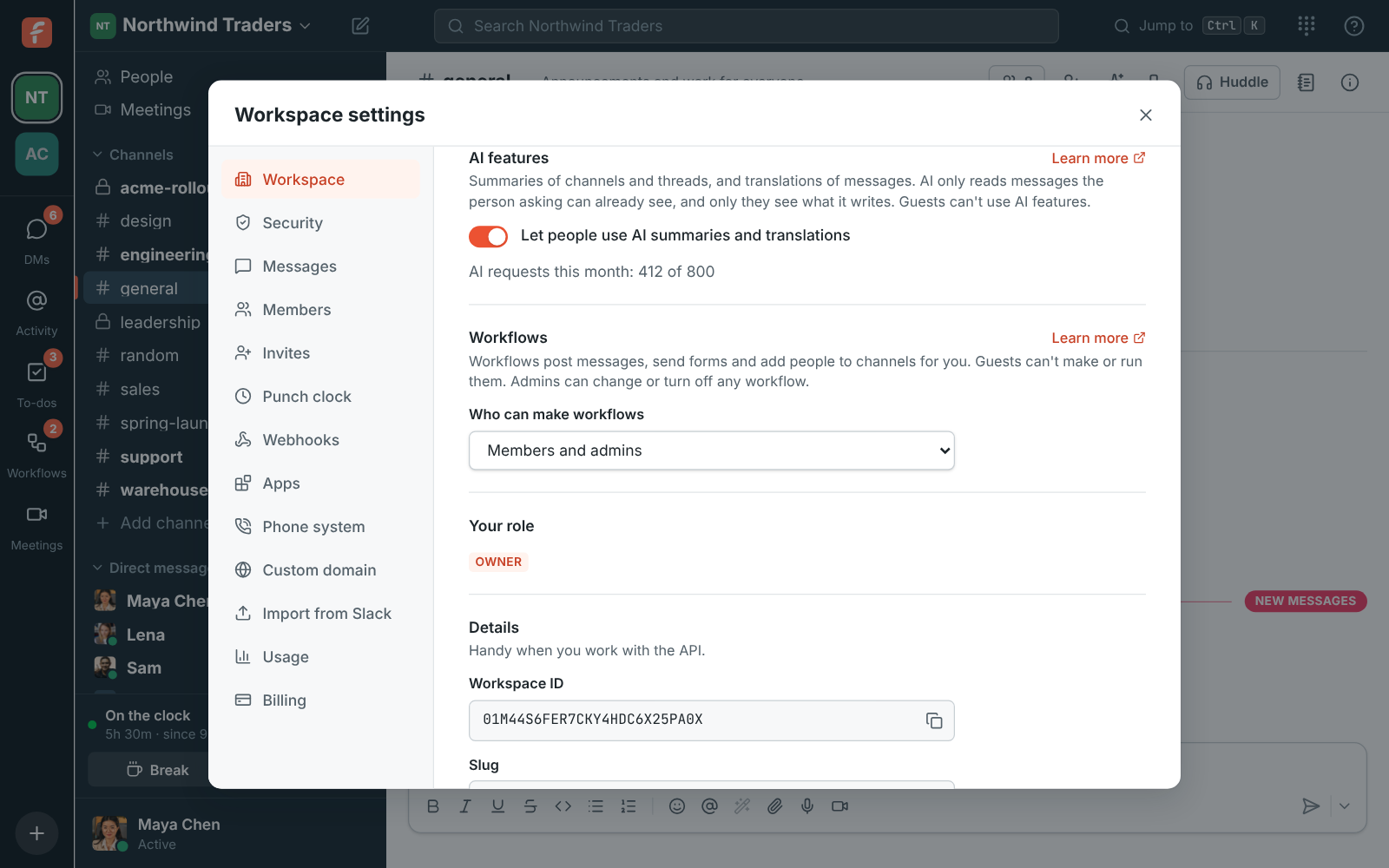 Workspace settings, AI features: the switch for AI summaries and translations, with 412 of 800 AI requests used this month