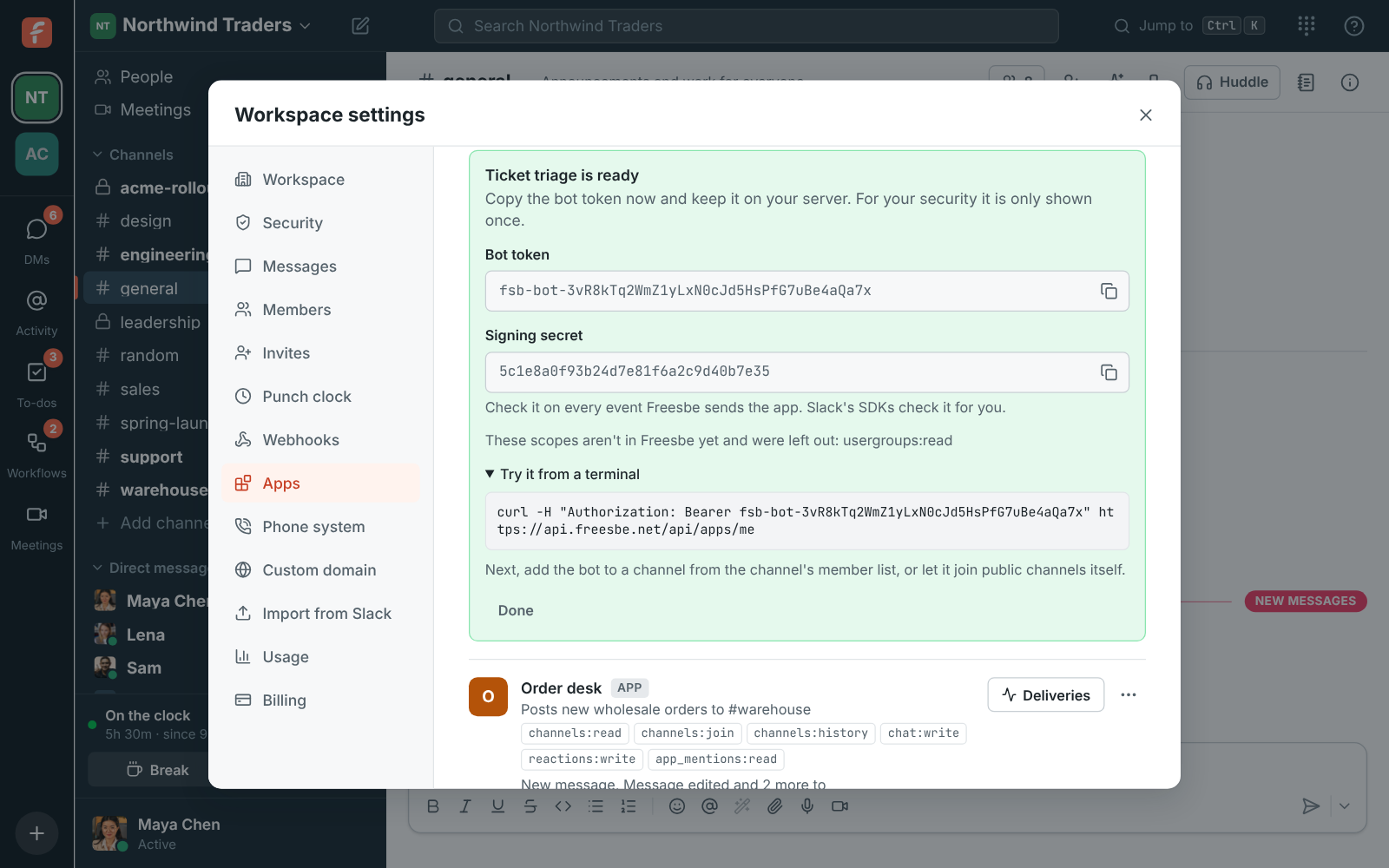 The new app’s bot token, shown once, with a command to try it