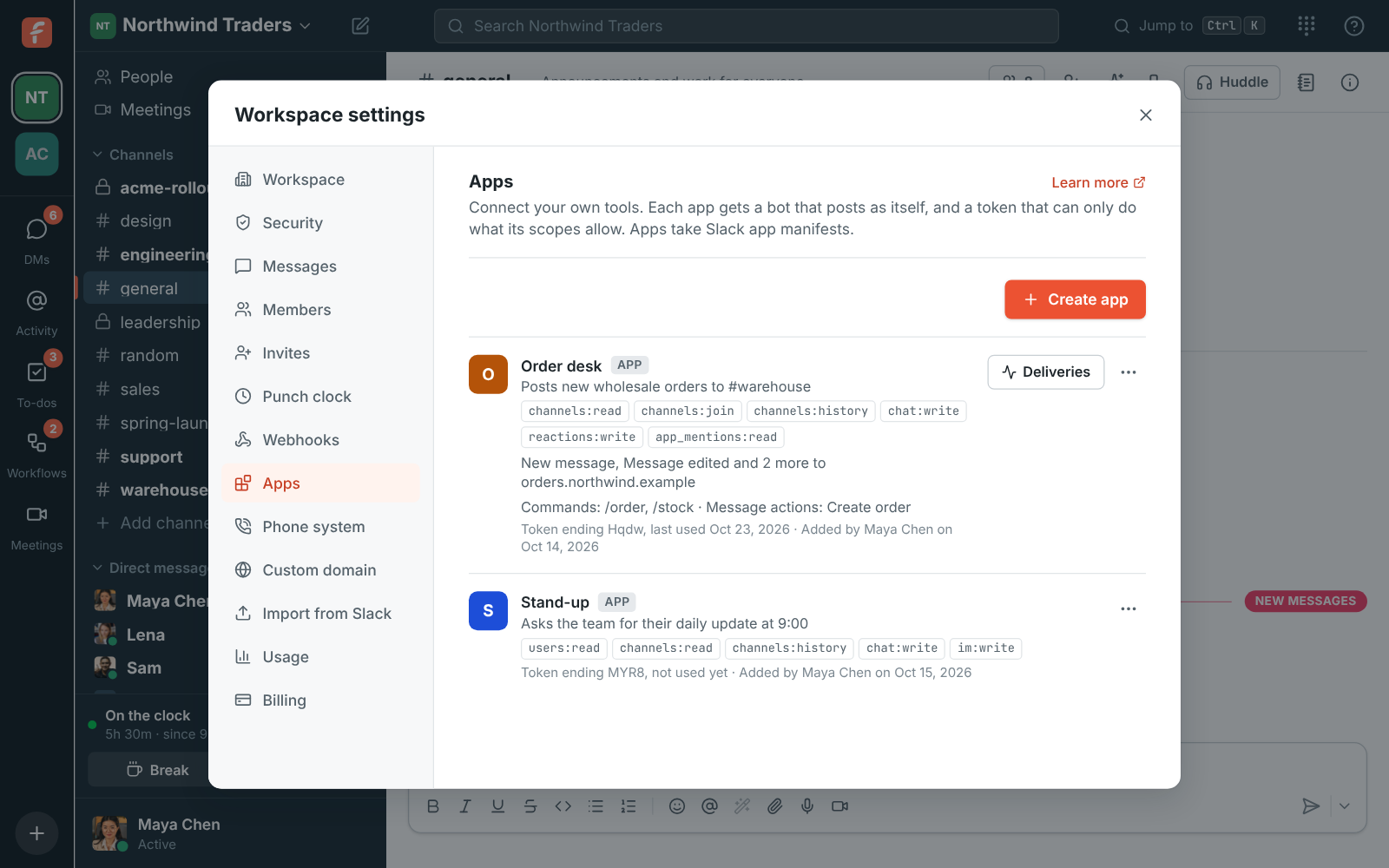 Workspace settings, Apps: Order desk and Stand-up, each with its scopes and token