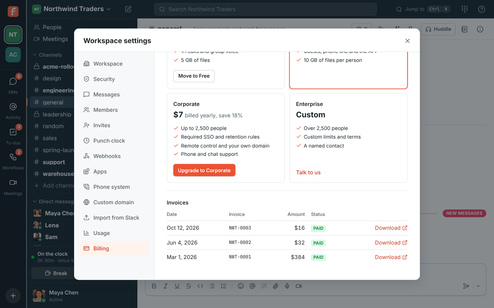 The invoice list: three paid invoices for Northwind Traders, $16, $32 and $384, each with a Download link
