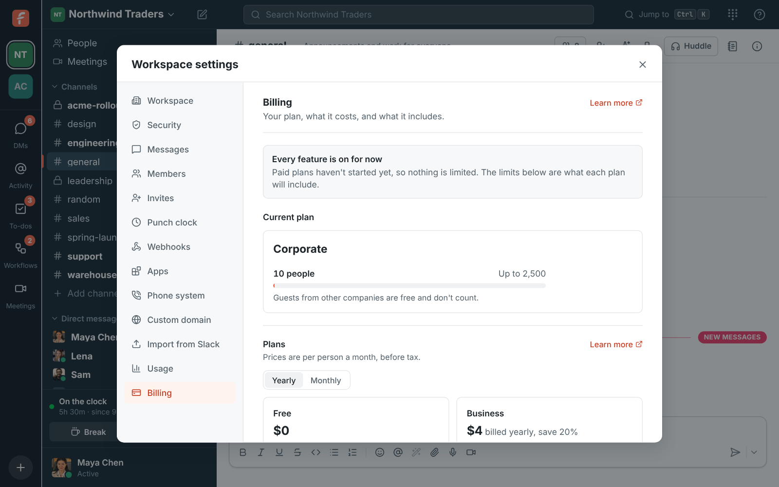 Workspace settings, Billing: Northwind Traders on the Corporate plan with 8 people out of up to 2,500, under a note that every feature is on for now