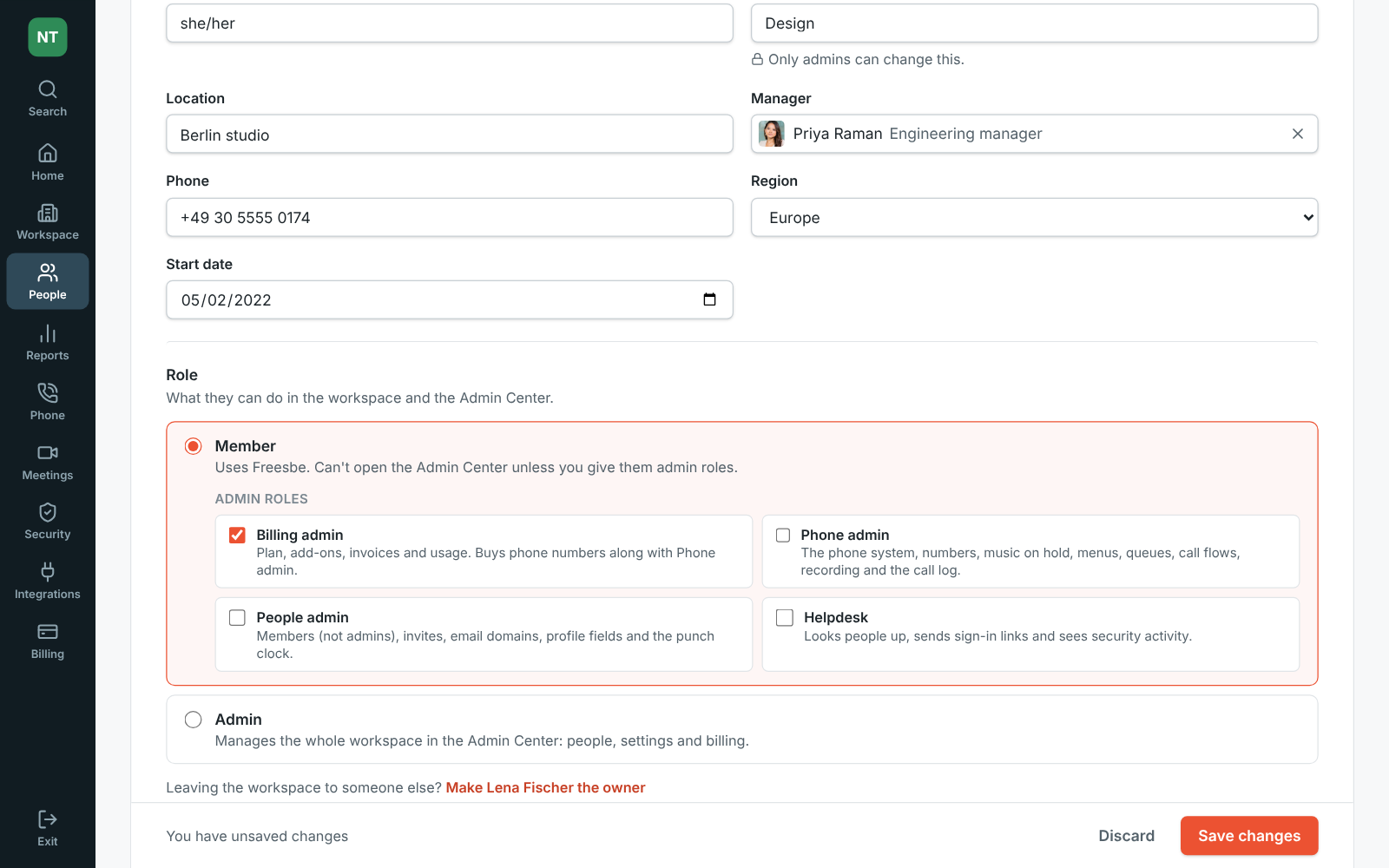 Lena Fischer's page in the Admin Center with Billing admin ticked under Member