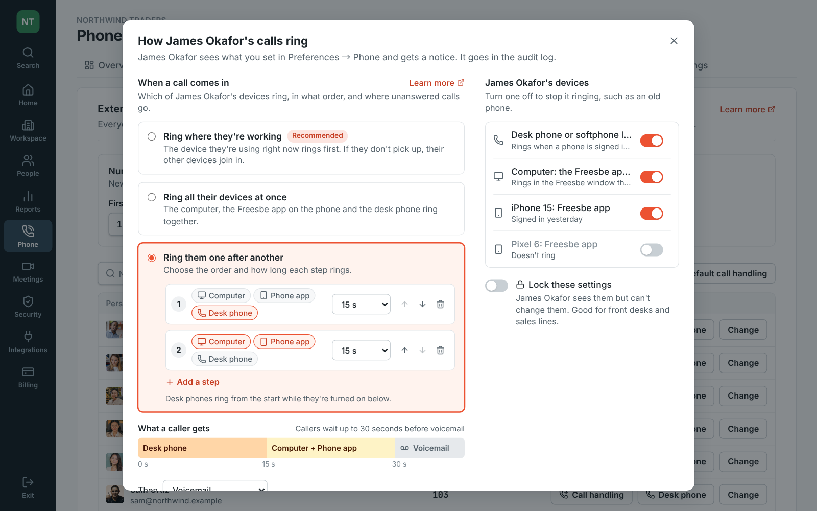 Admin Center, Phone → Extensions: how James Okafor's calls ring, his desk phone for 15 seconds then his computer and iPhone, with an old Pixel turned off