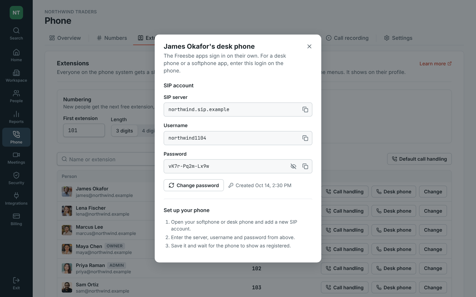 Admin Center, Phone → Extensions: James Okafor's desk phone, with the SIP server, username and password shown