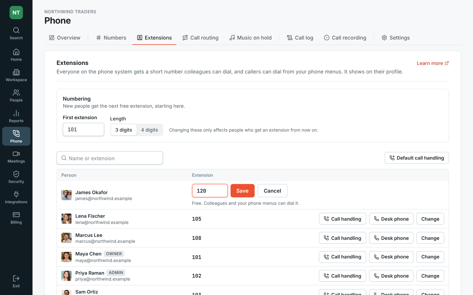 Admin Center, Phone → Extensions: numbering from 101 with 3 digits, and everyone's extension, with James Okafor's being changed to 120