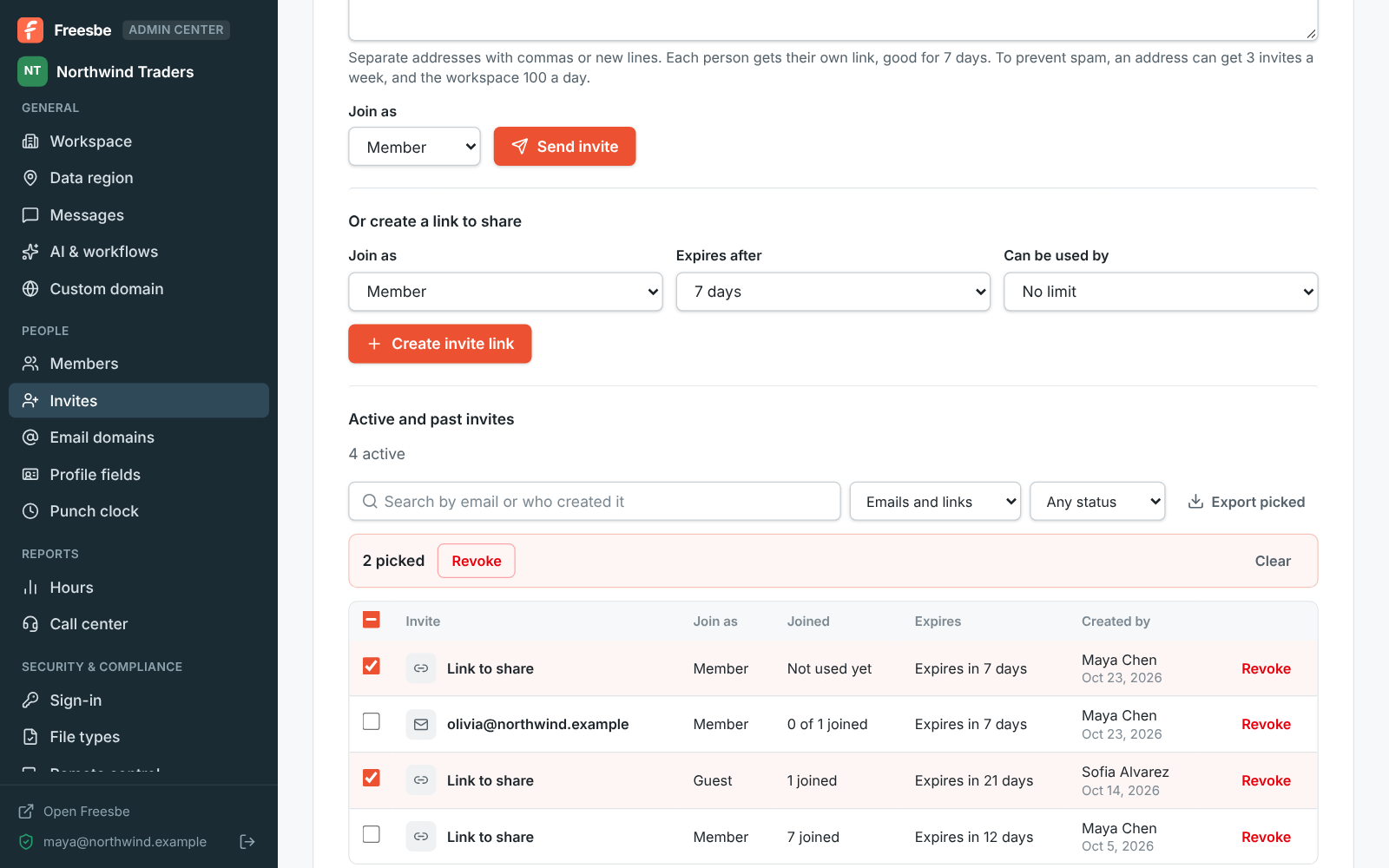 The Admin Center's Invites table, searched and filtered, with several invites ticked to revoke
