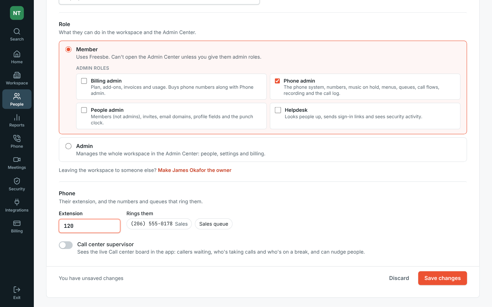 Further down James's page: Member with the Phone admin role ticked, his extension, and the Sales line and Sales queue that ring him