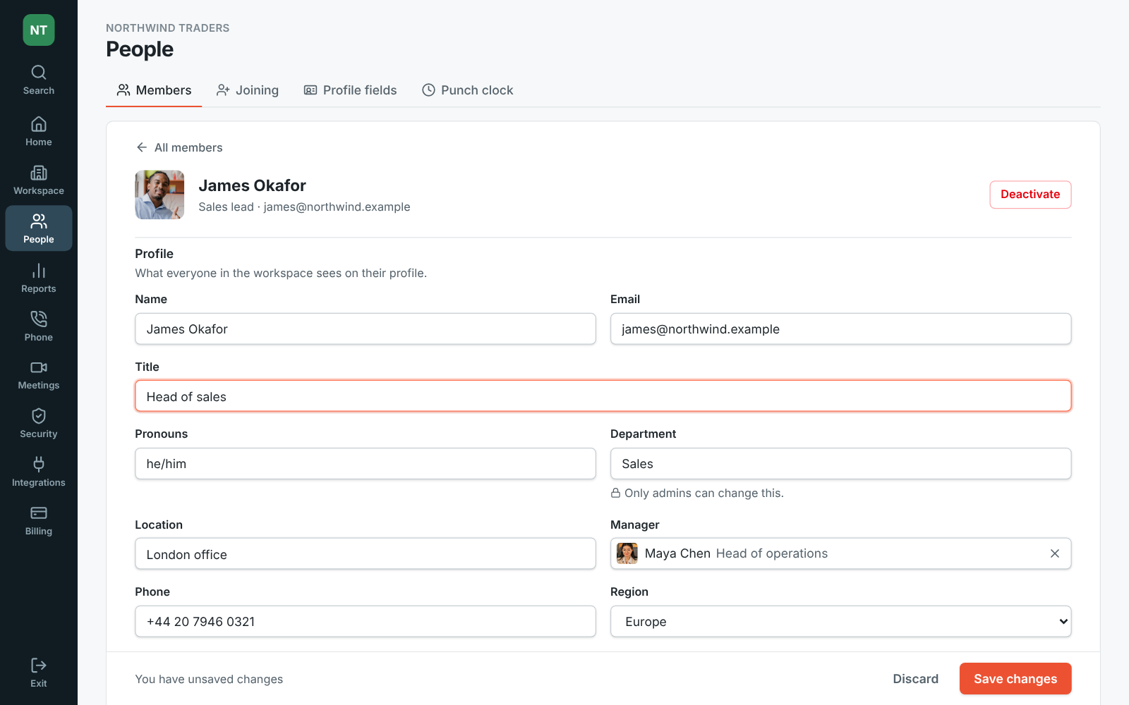 James Okafor's page in the Admin Center: name, email, title and profile fields, with Save changes at the bottom