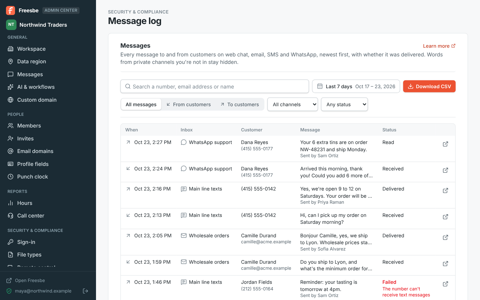 The Admin Center's Message log: messages from and to customers on web chat, email, SMS and WhatsApp, with one that failed