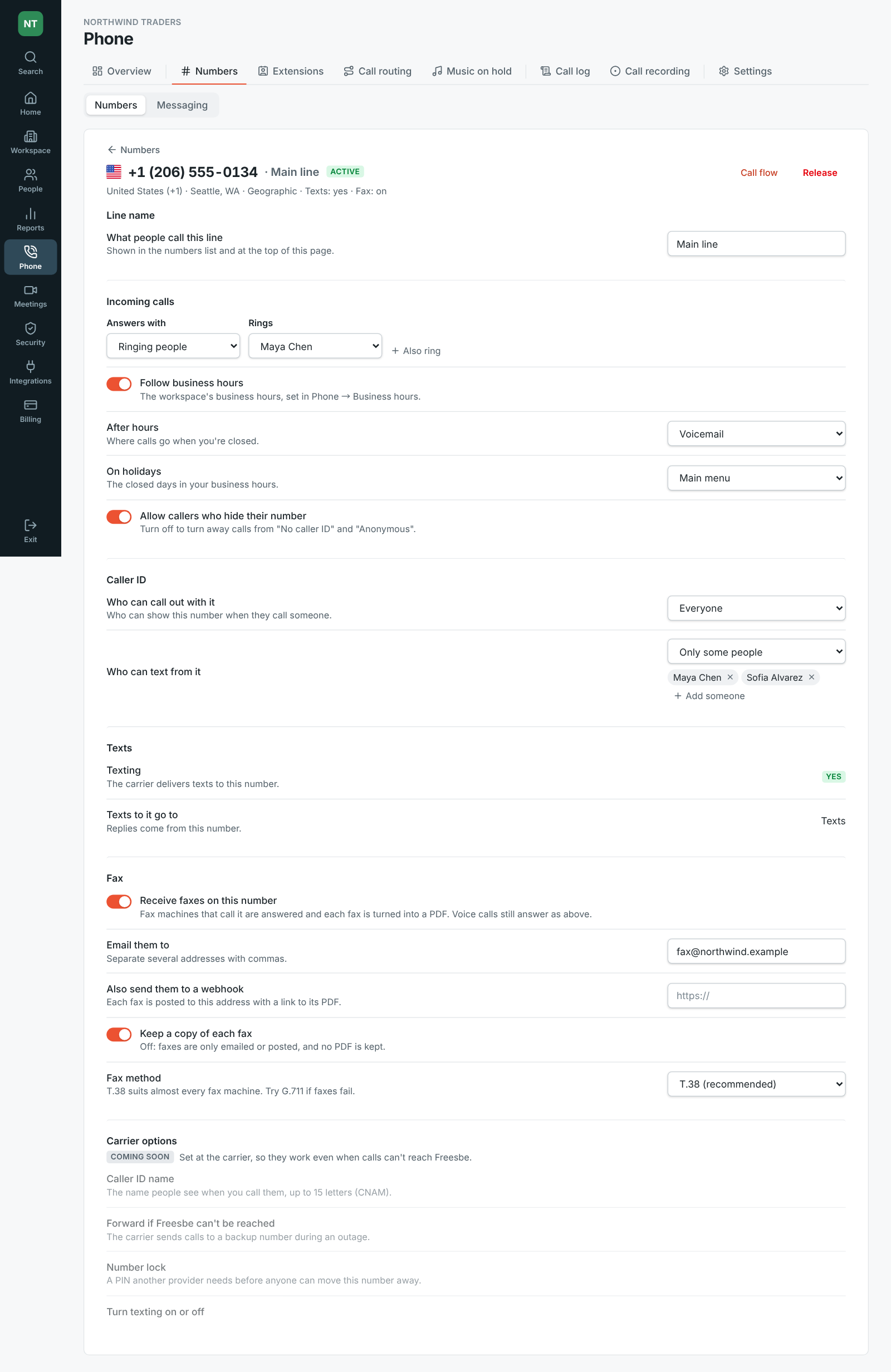 One number's settings in the Admin Center: its name, incoming calls with business hours, caller ID, texts going to the Texts inbox, fax to an email address, and the carrier options to come