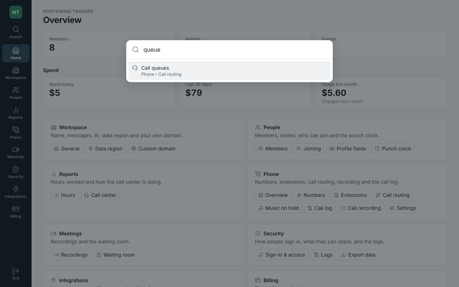 Search in the Admin Center, opened from the magnifying glass, finding Call queues