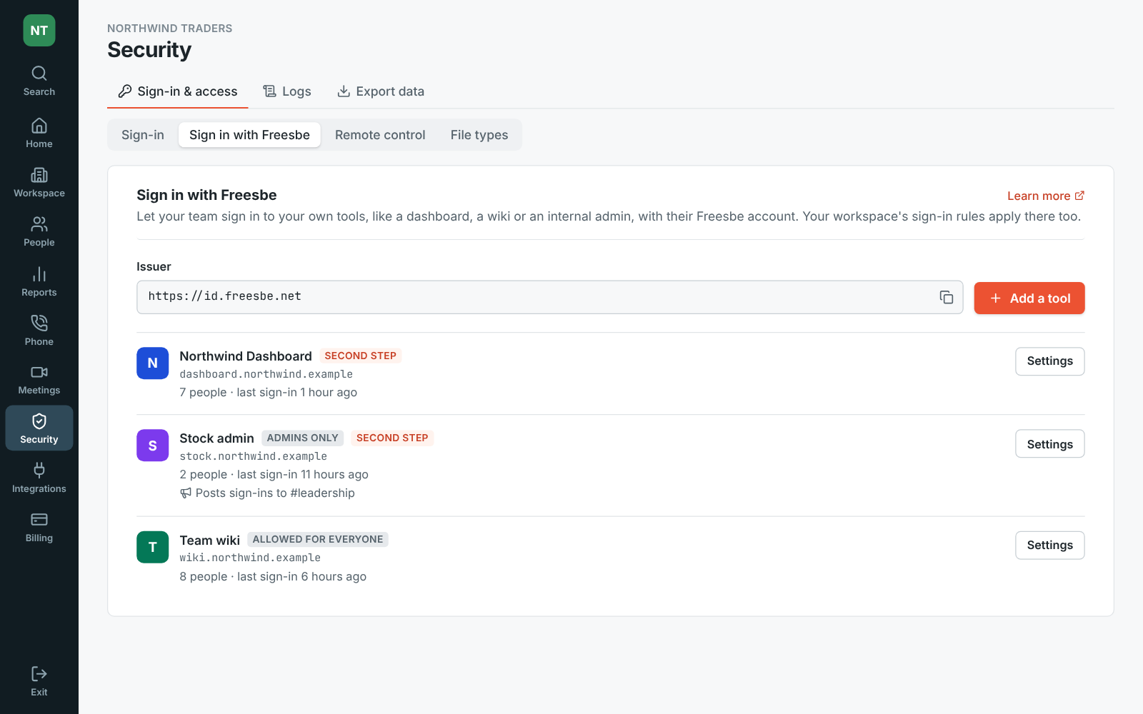 Admin Center, Security, Sign-in & access, Sign in with Freesbe: Northwind Dashboard, Stock admin and Team wiki, with their return addresses and options