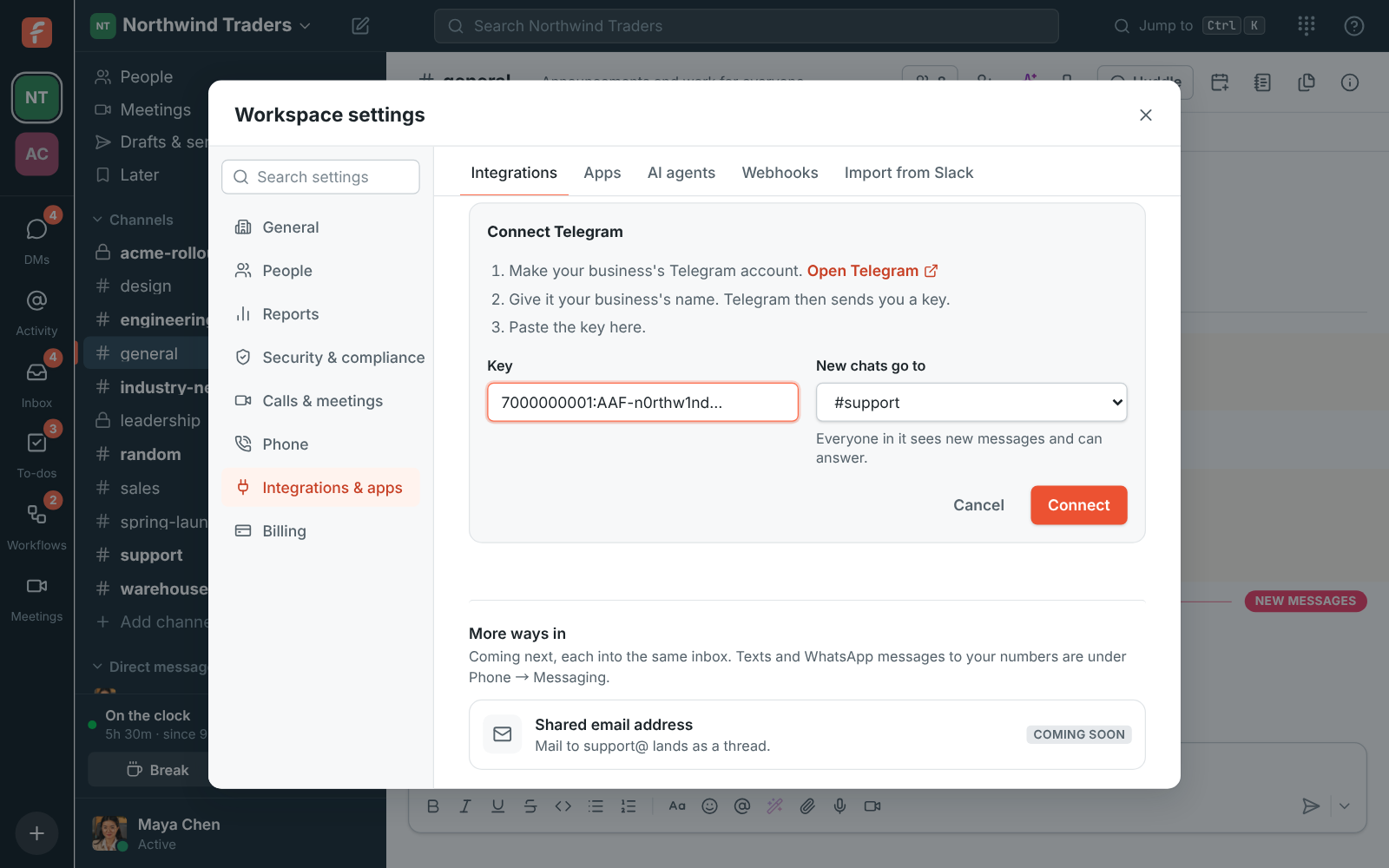 Customer inbox, Telegram: Connect Telegram with the three steps, the key pasted and #support picked for new chats