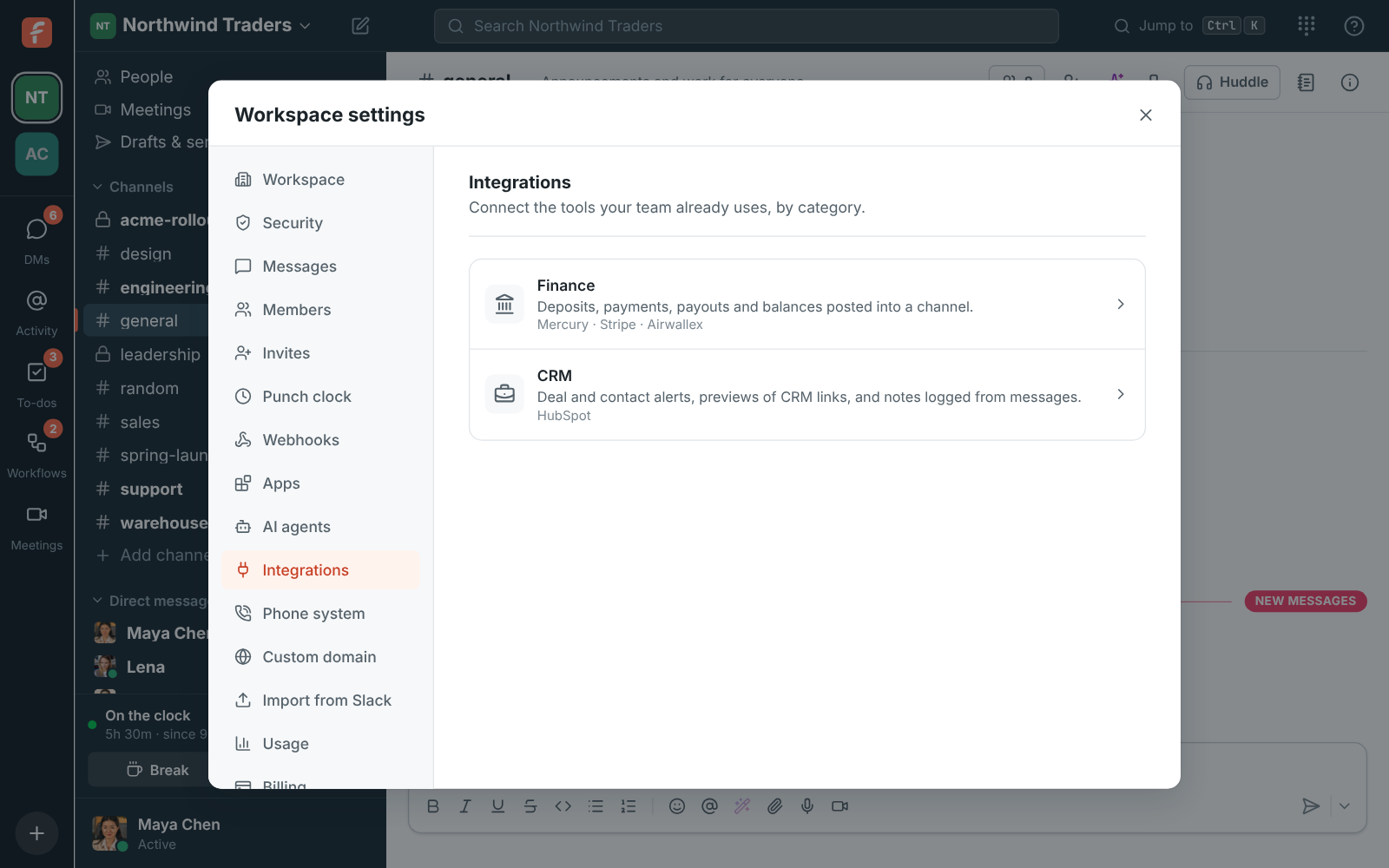 Workspace settings, Integrations: the Finance category with Mercury, Stripe and Airwallex, and the Calendar category with Google Calendar and Outlook