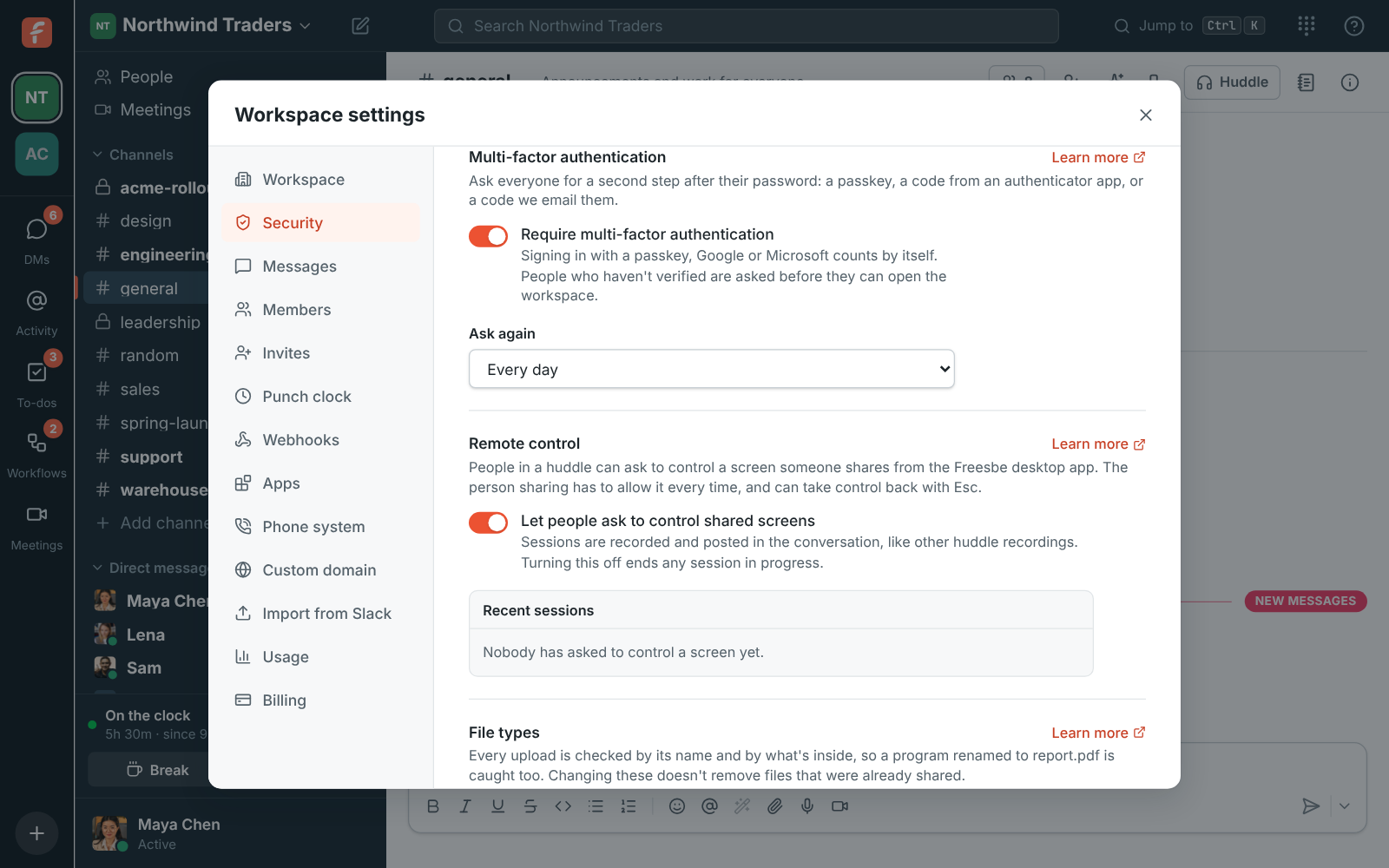 Workspace settings with Require multi-factor authentication on and Ask again set to Every day
