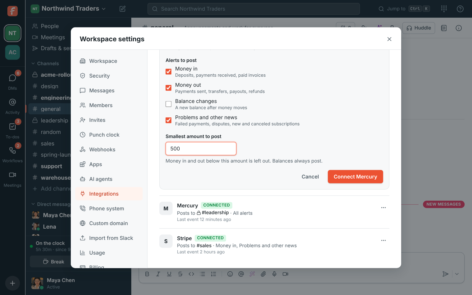 Connect Mercury: the API token, the channel, the kinds of alerts and a $500 minimum