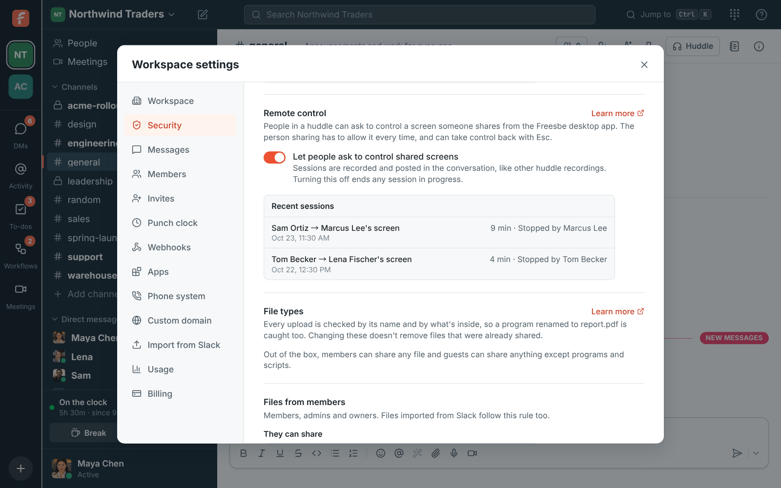Workspace settings: the Remote control switch and the Recent sessions log