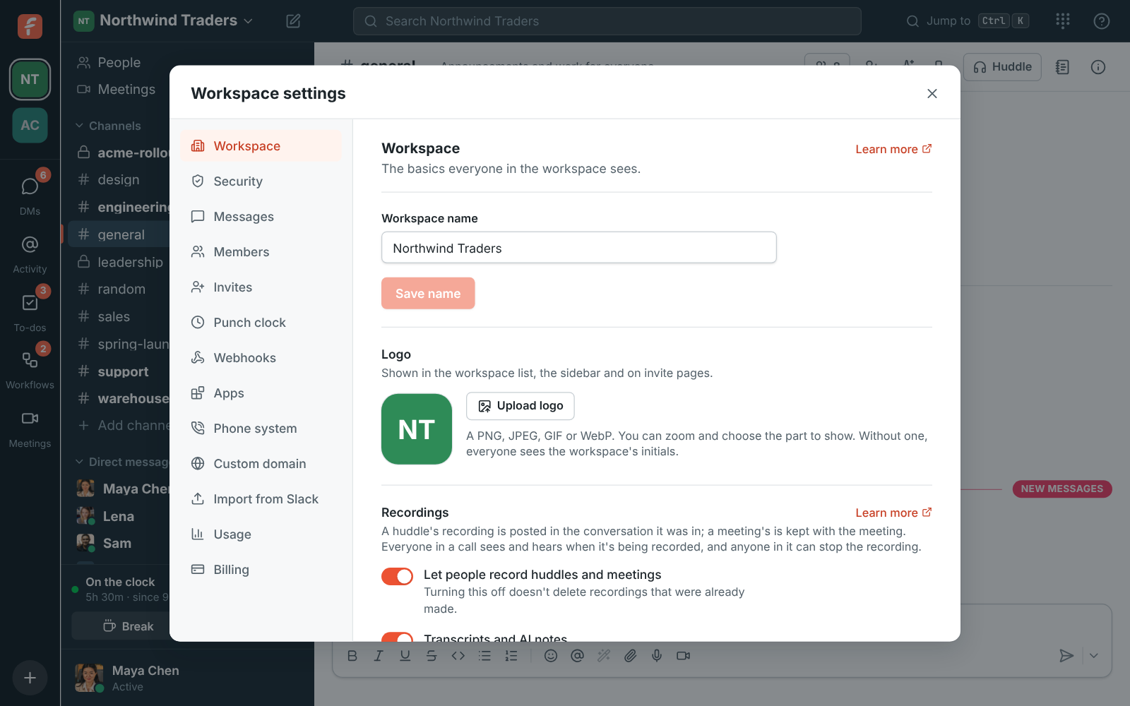 Workspace settings, General: the Workspace tab with the name and logo