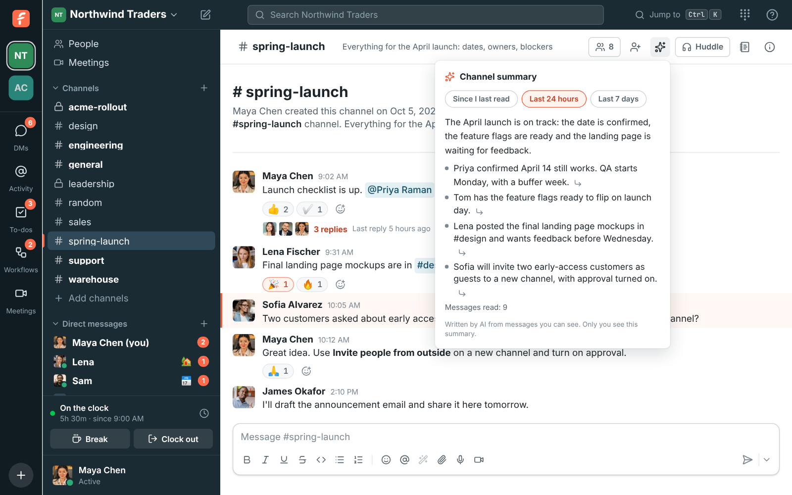 #spring-launch with its channel summary open: the launch is on track, with points on the launch date, the feature flags, the landing page mockups and early-access customers