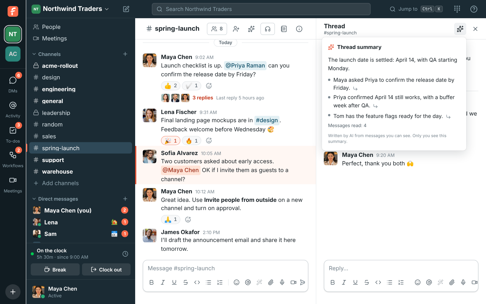 A thread in #spring-launch with its summary: the launch date is settled on April 14, with points from Maya, Priya and Tom