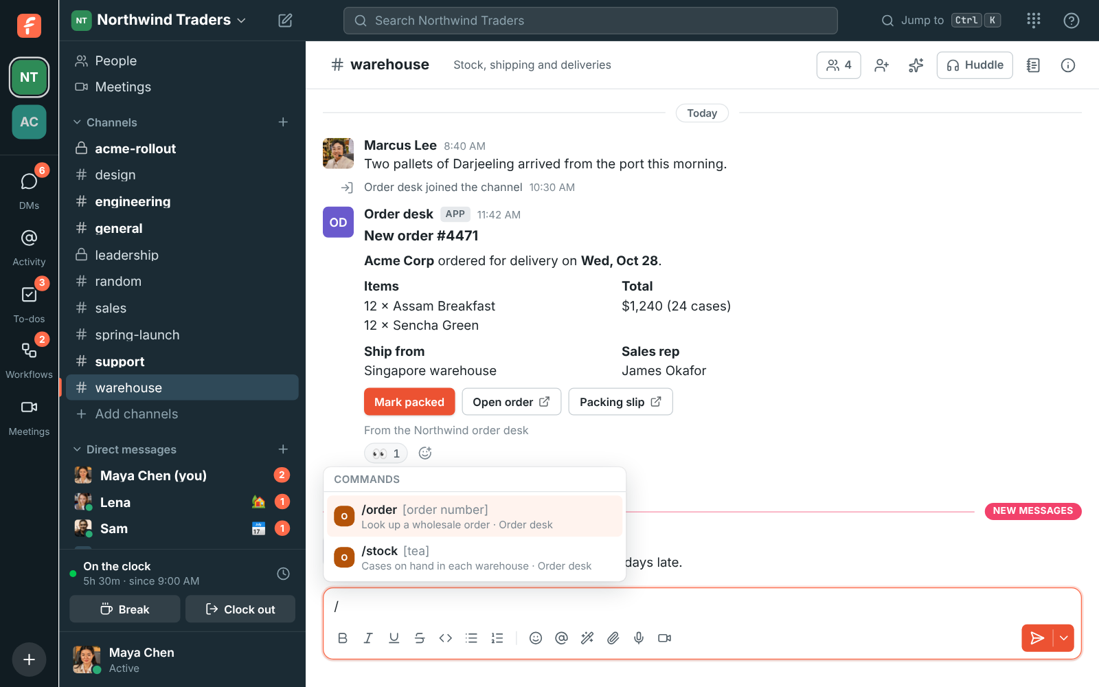 Typing / in the message box: Order desk’s /order and /stock commands