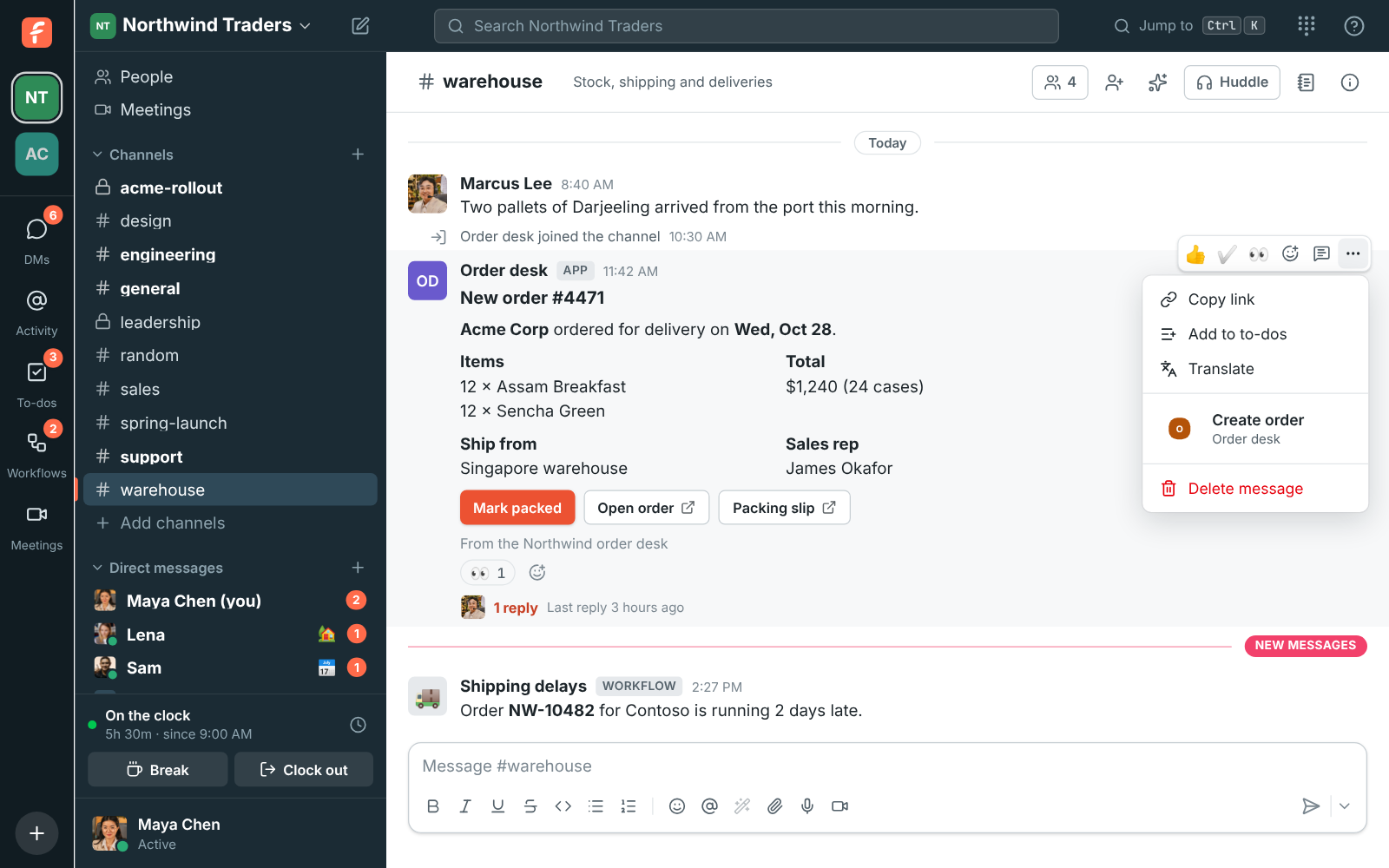 A message’s ⋯ menu with Order desk’s Create order action