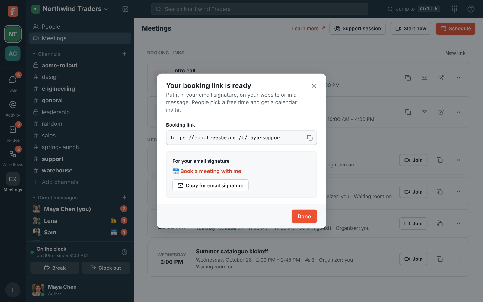 Your booking link is ready: the link with a copy button, and a Book a meeting with me line with a Copy for email signature button