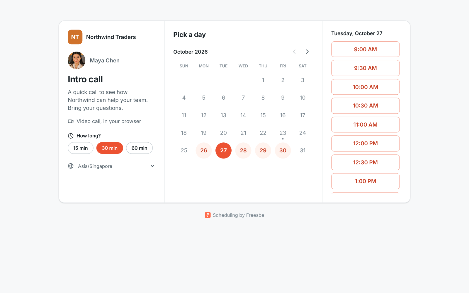 A booking page with open time slots for an intro call