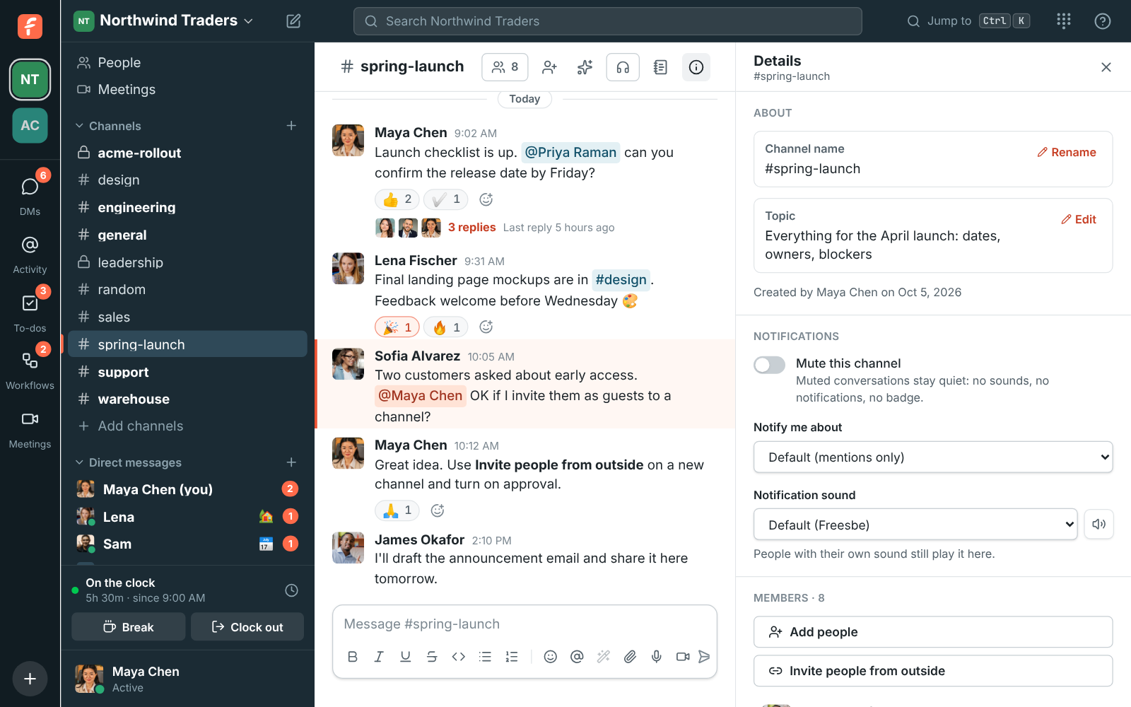 Channel details open on the right, with the topic, notification settings and members