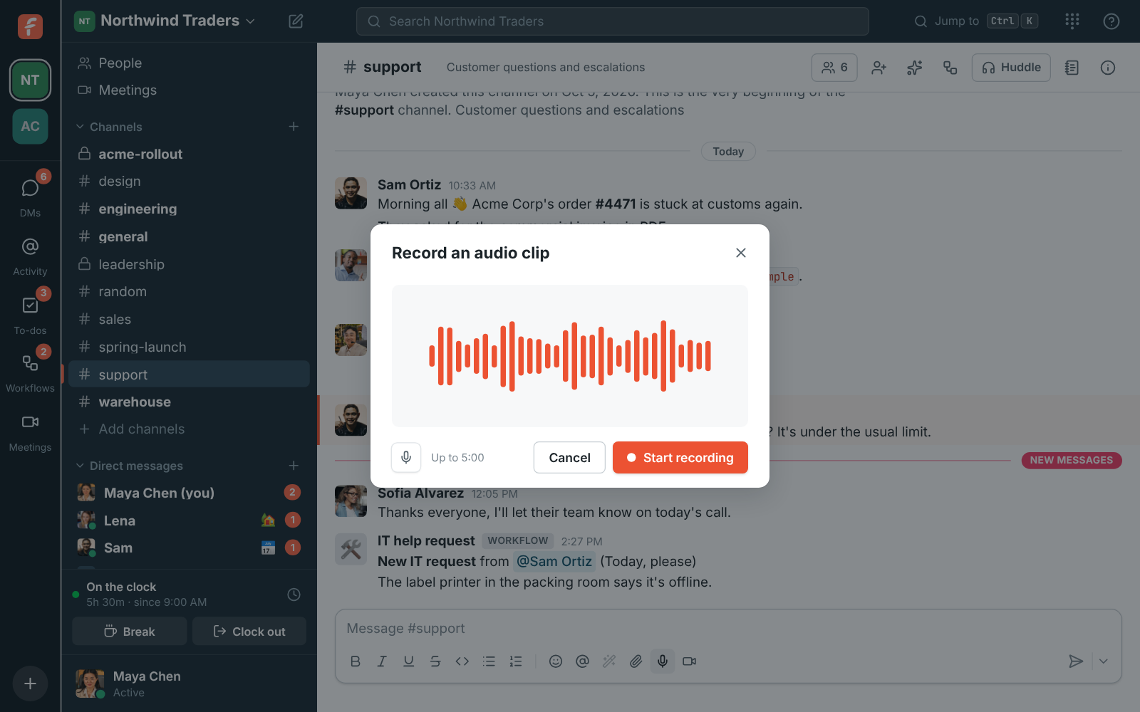 Recording an audio clip, with bars that move with your voice