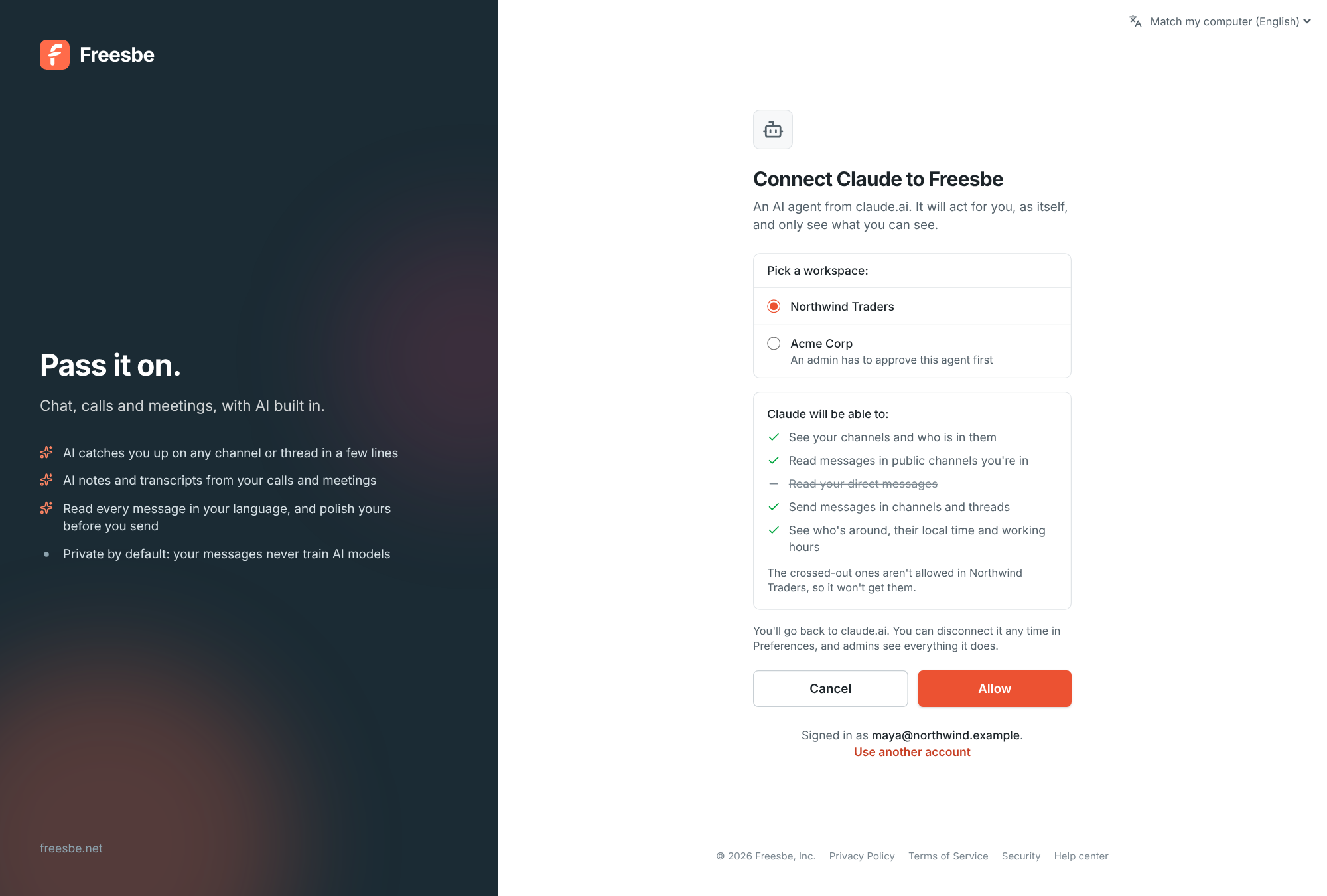 Connecting an AI agent to the Northwind workspace, with the permissions it asks for