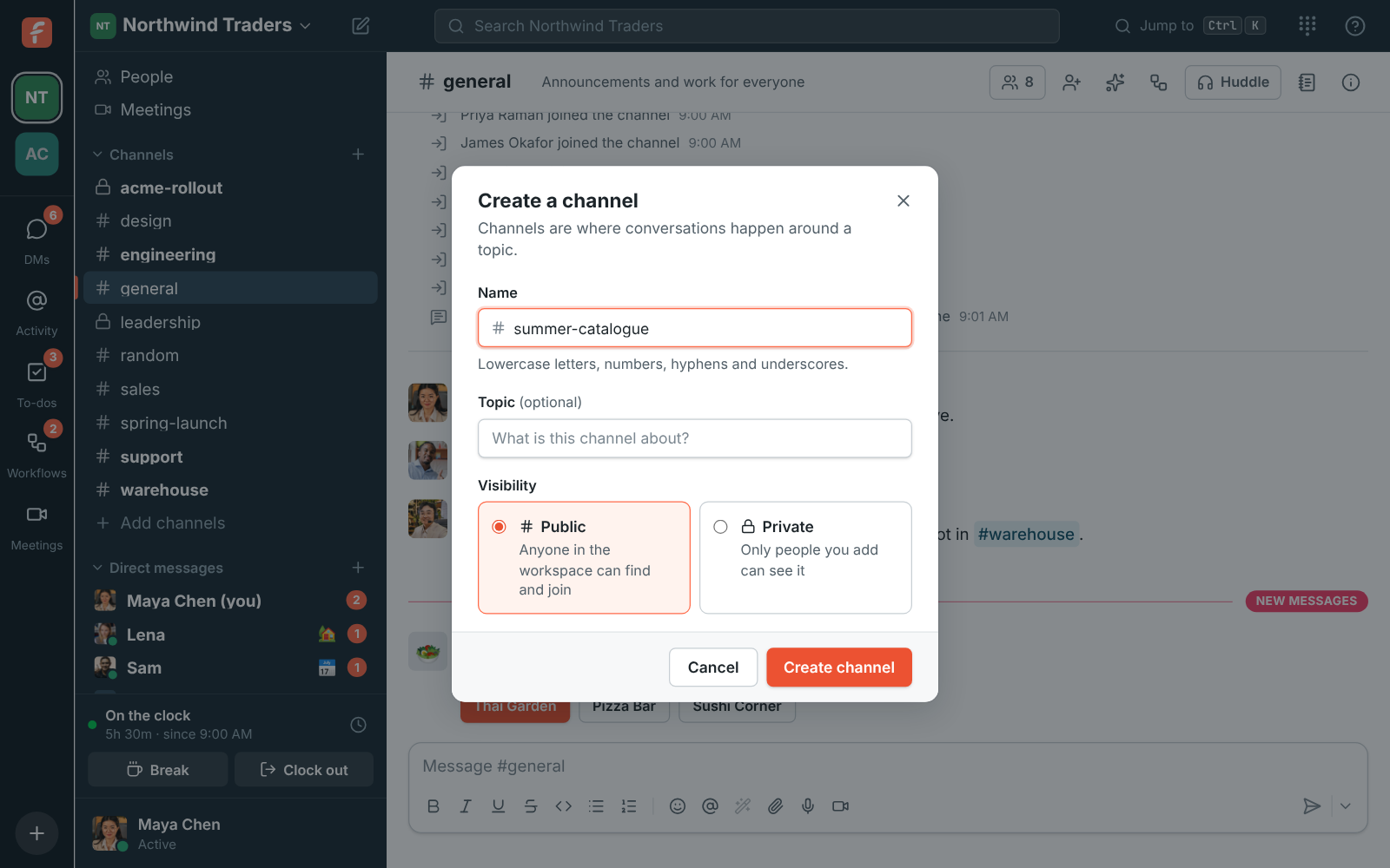 The Create a channel dialog with a name, an optional topic, and Public or Private