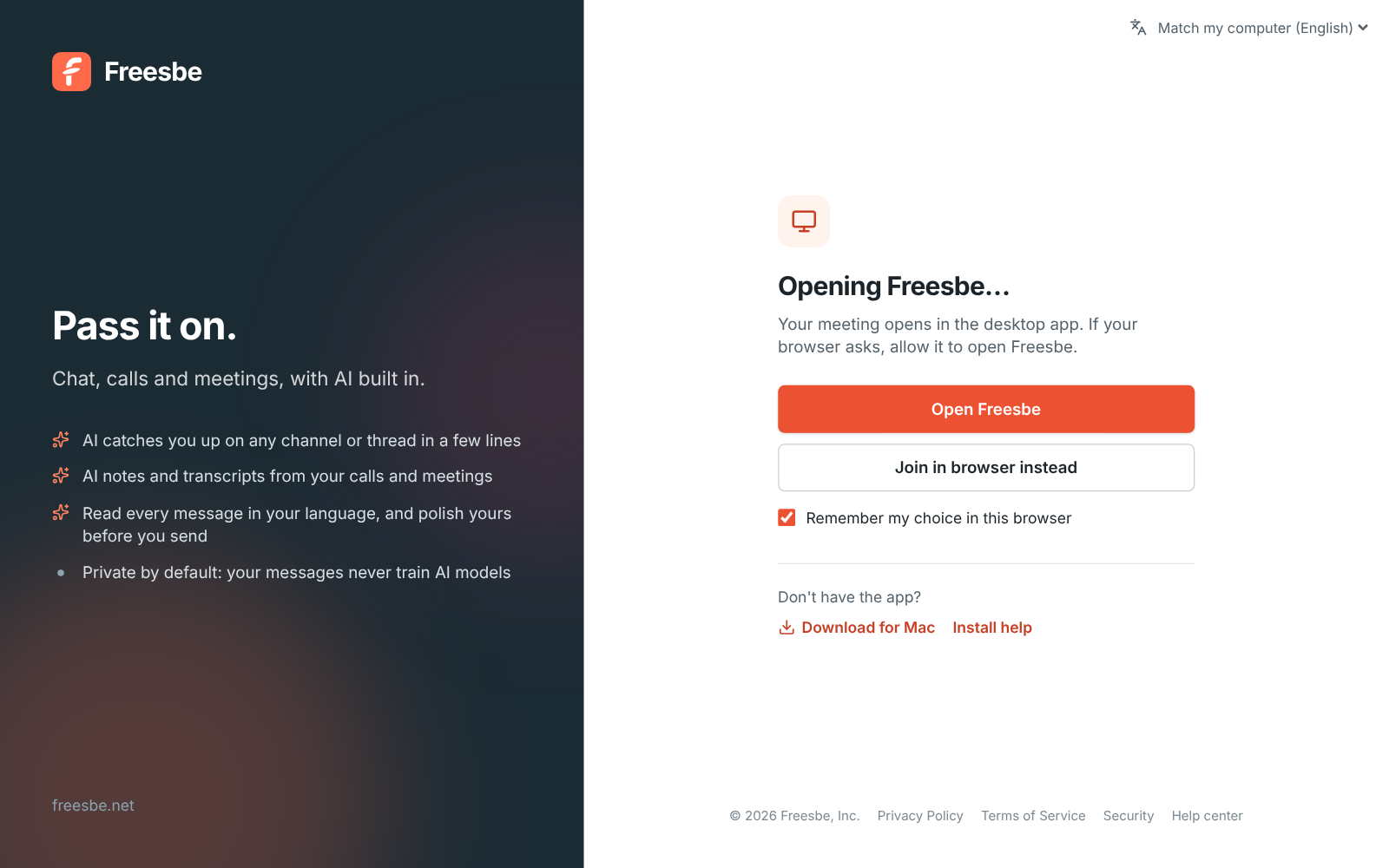 Opening Freesbe… in a browser, with Open Freesbe, Join in browser instead, Remember my choice in this browser, and a download link for people who don’t have the app