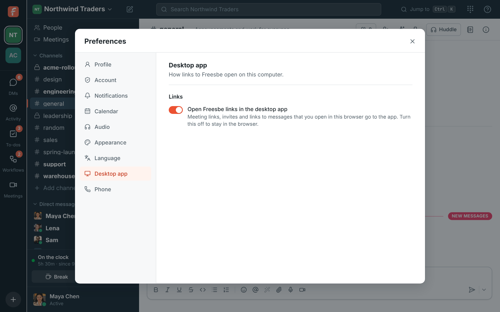 Preferences → Appearance → Desktop app in a browser, with Open Freesbe links in the desktop app turned on