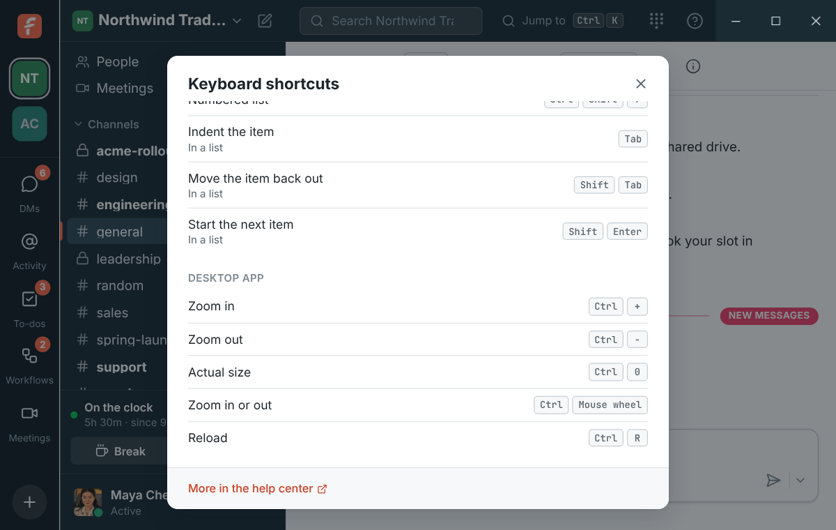 The keyboard shortcuts dialog in the desktop app, ending with zoom in, zoom out, actual size and reload