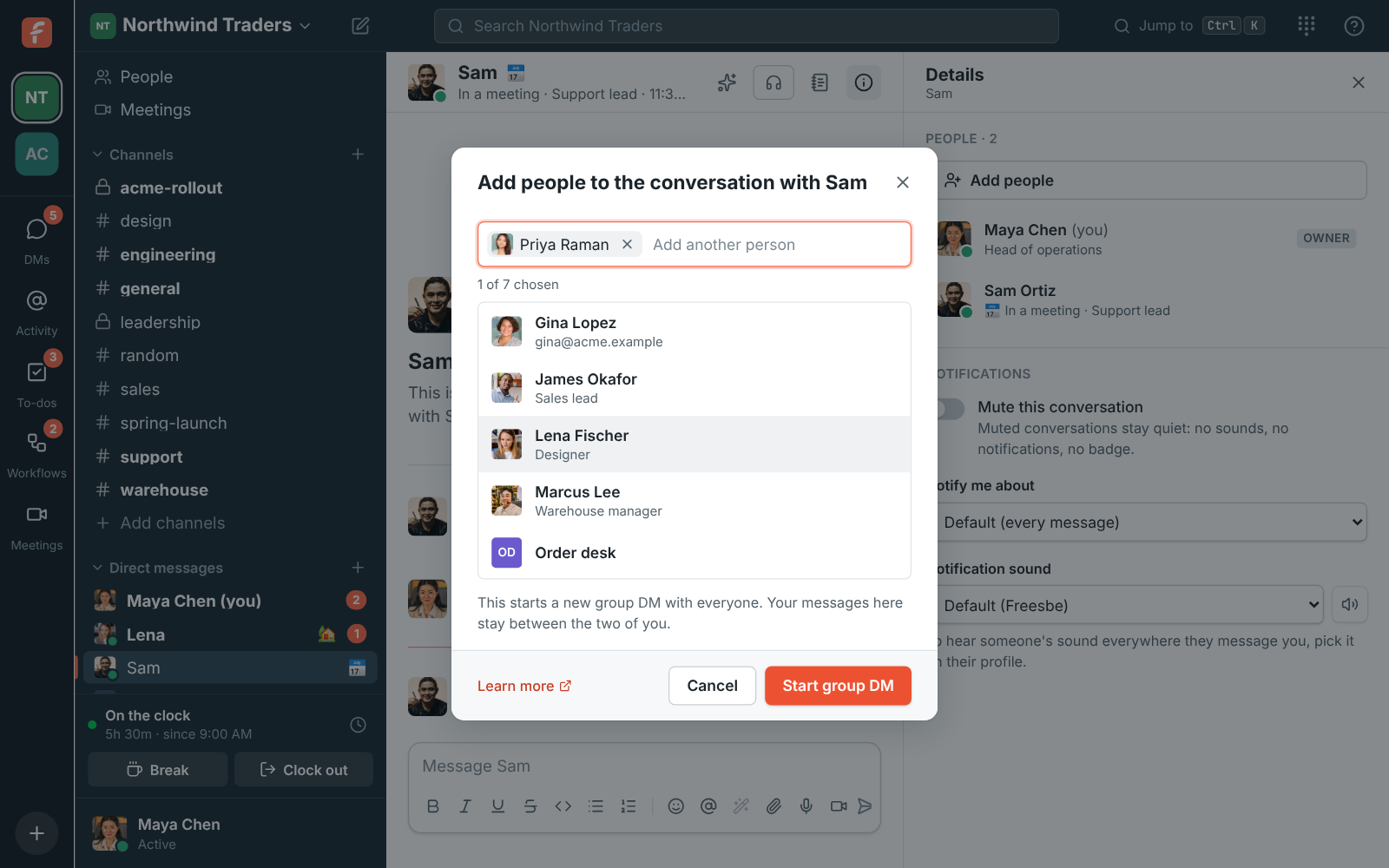 The Add people dialog in a 1 DM with Sam, explaining that it starts a new group DM