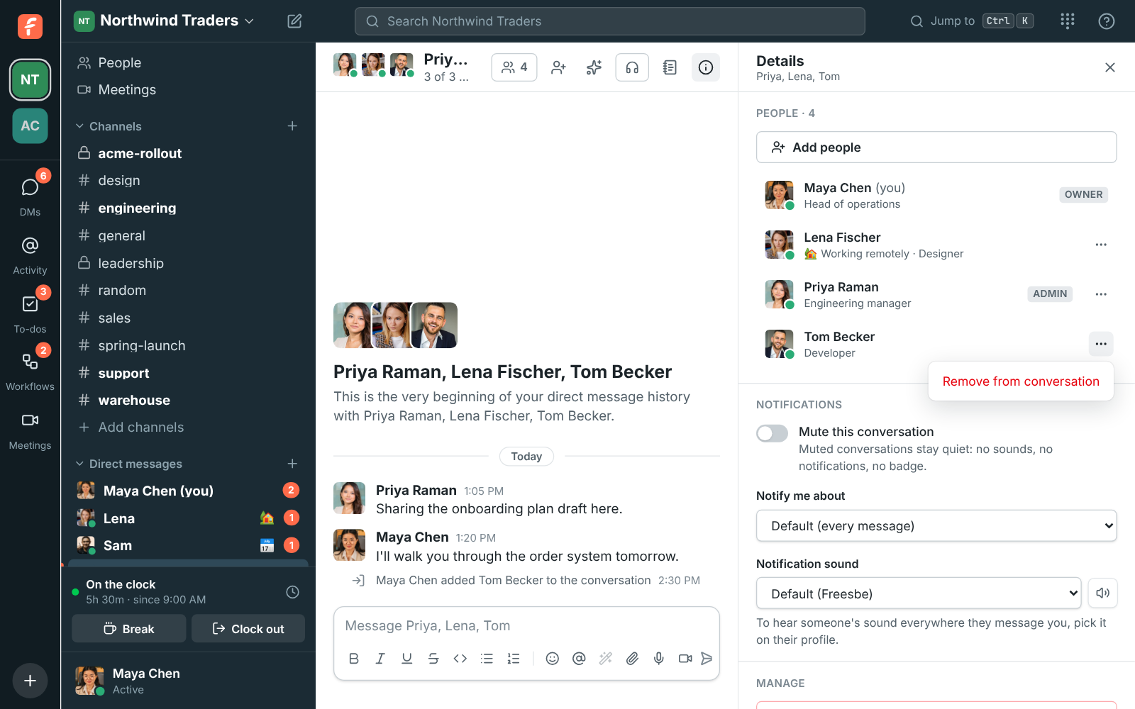 The … menu next to Tom Becker in the group DM’s details, showing Remove from conversation