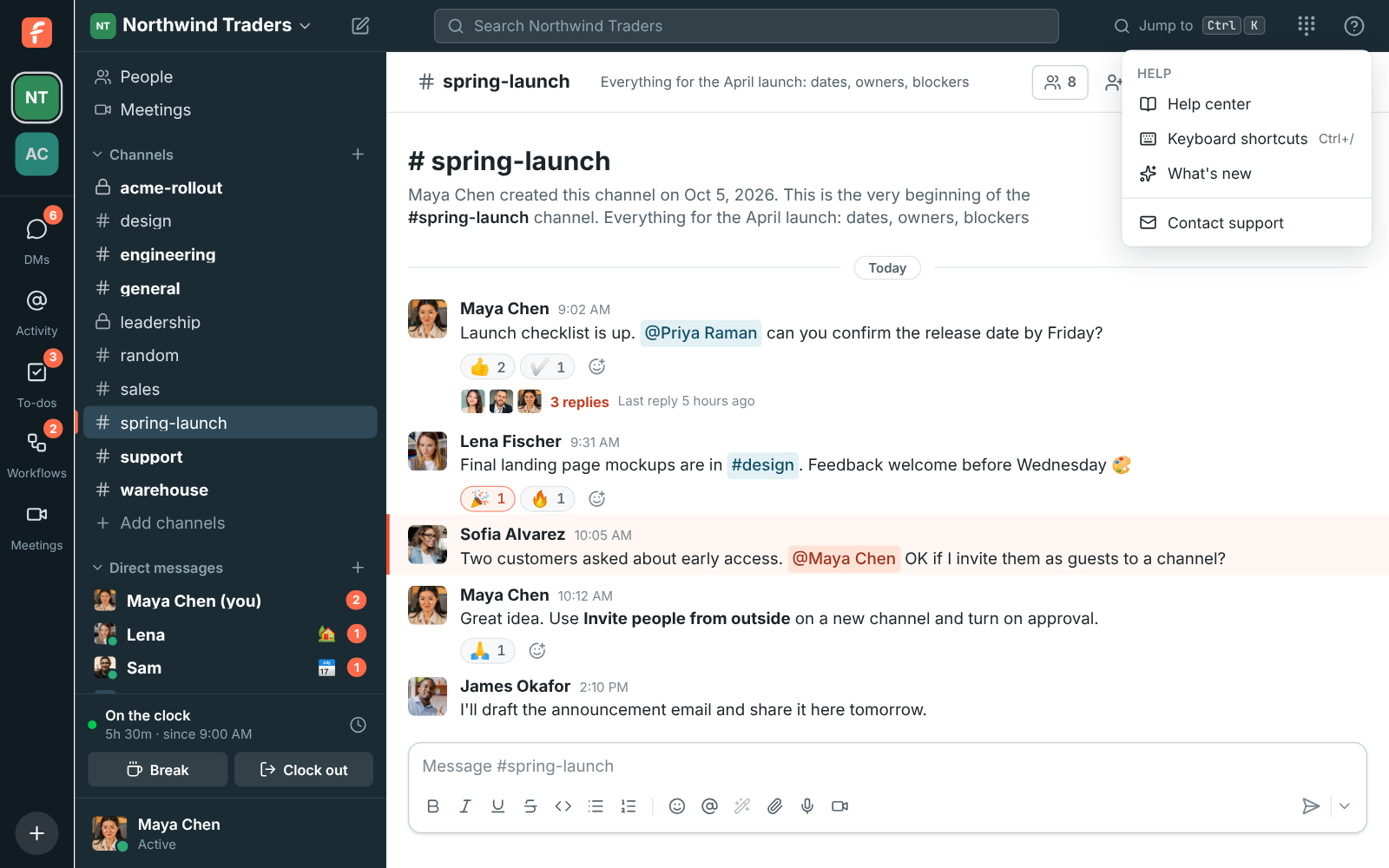 The Help menu open from the question mark in the top bar, with Help center, Keyboard shortcuts, What’s new, Freesbe status and Contact support