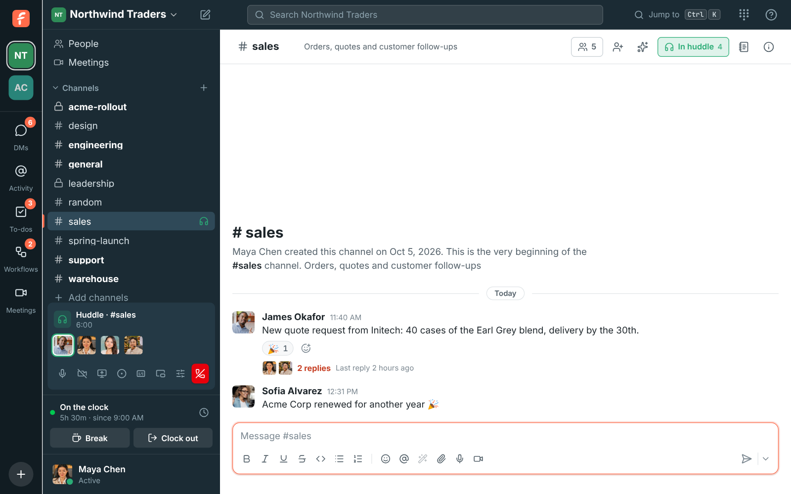 A huddle in #sales with four people and the huddle bar in the sidebar