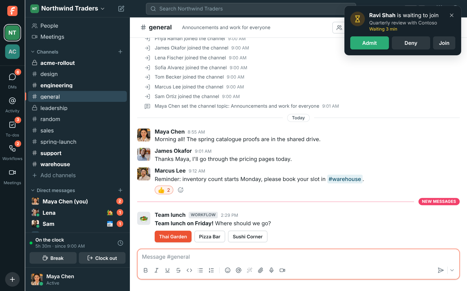 A card in the corner of Freesbe: Ravi Shah is waiting to join Quarterly review with Contoso, waiting 3 min, with Admit, Deny and Join buttons