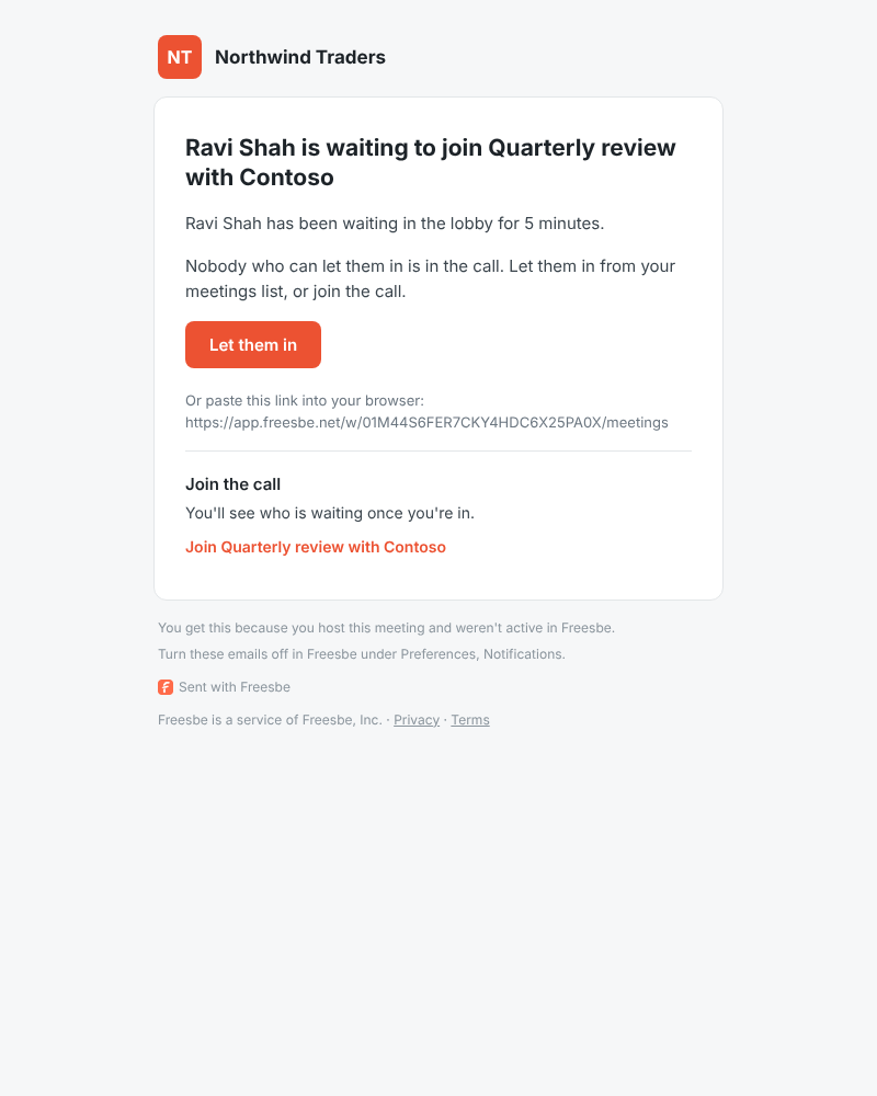 The email: Ravi Shah is waiting to join Quarterly review with Contoso, with a Let them in button and a link to join the call