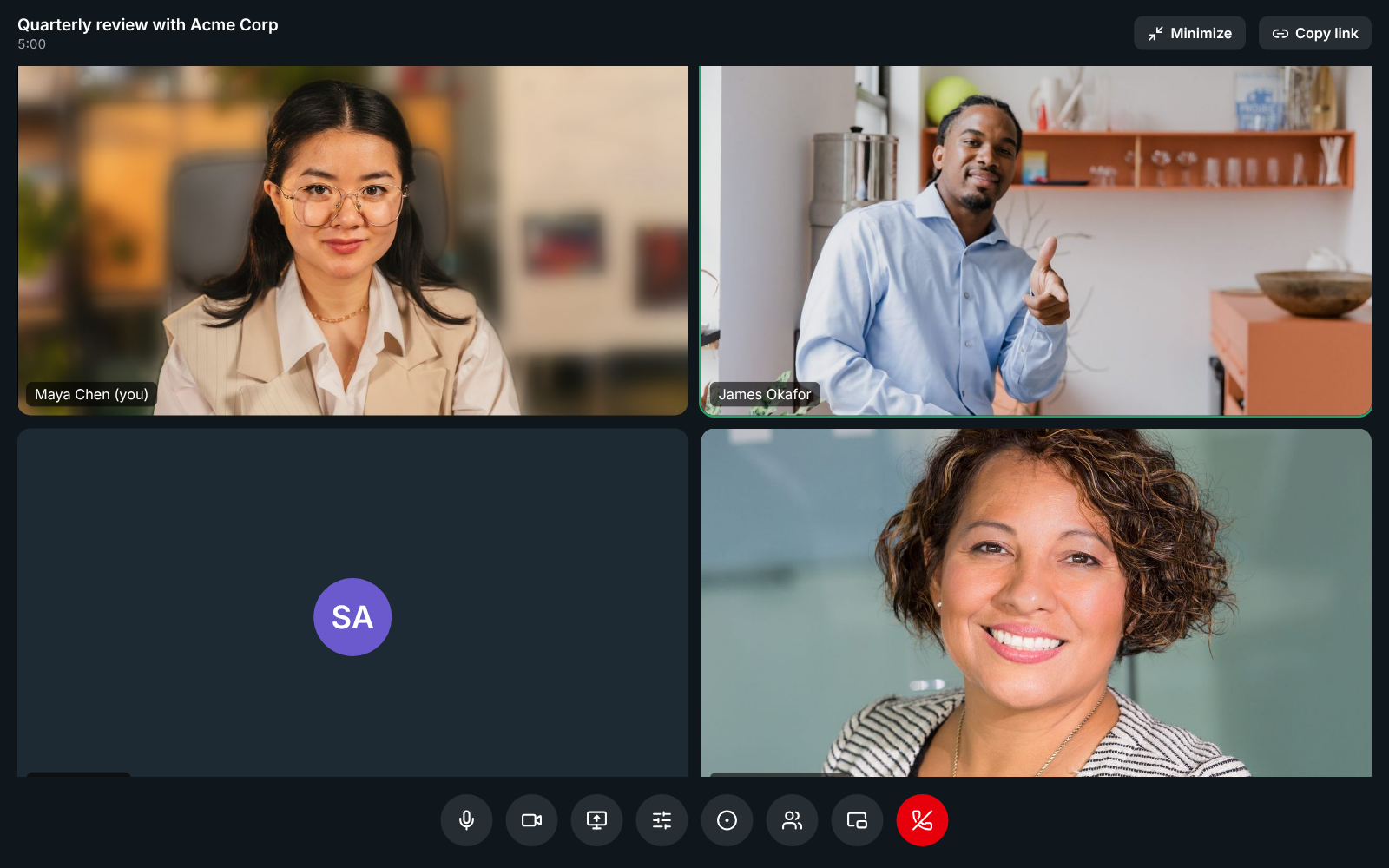 The meeting filling the window: four people’s tiles and the call controls, with Undock, Minimize and Copy link at the top