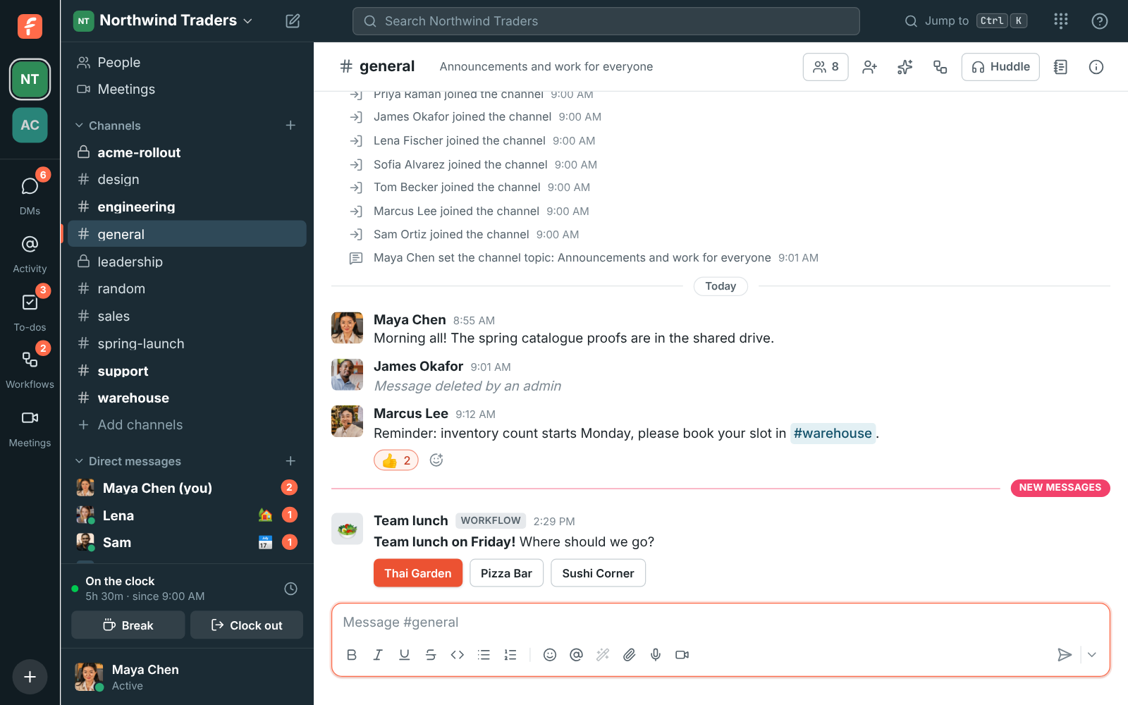 #general with “Message deleted by an admin” where James’s message was