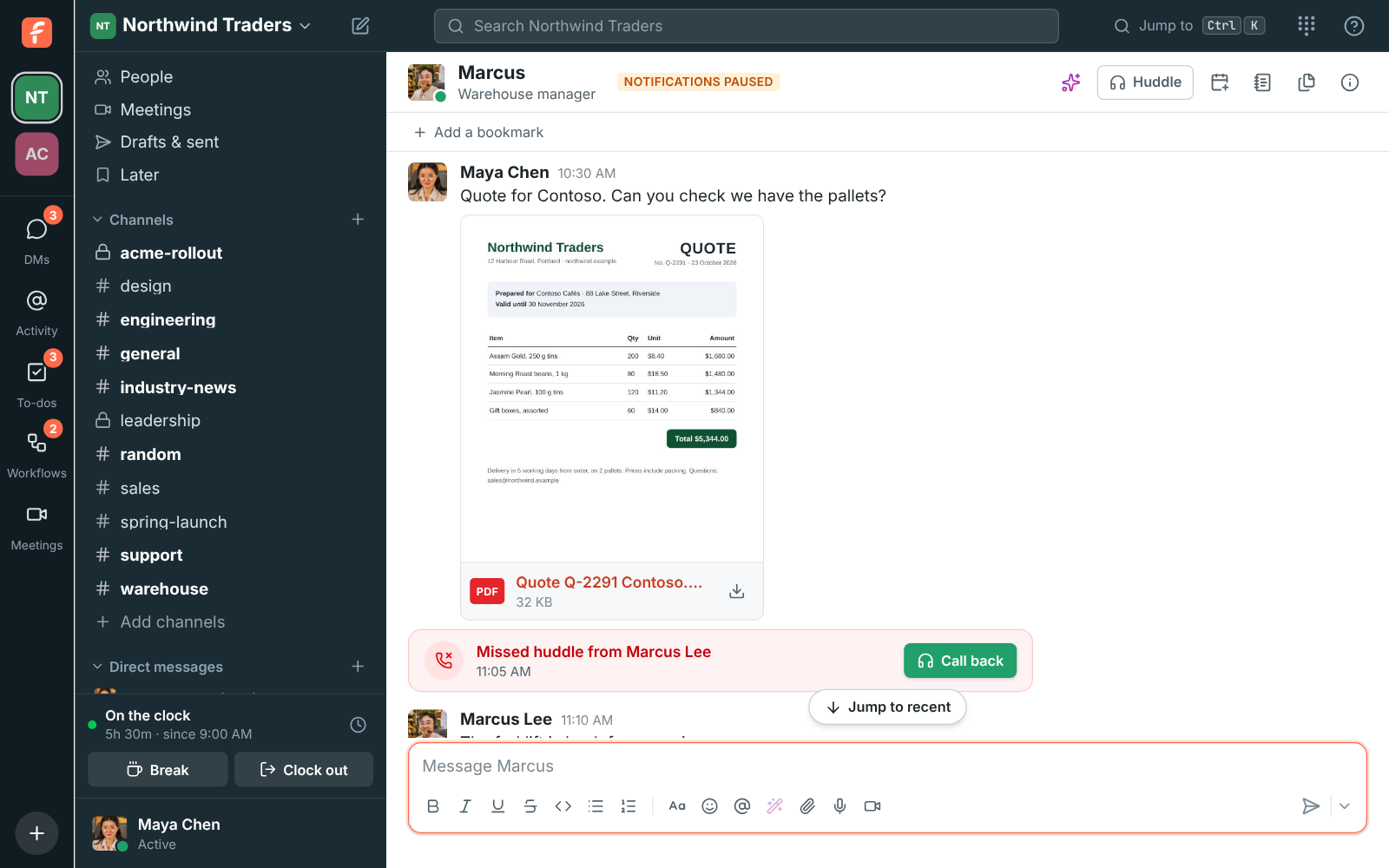 Maya's DM with Marcus: the Contoso quote PDF showing its first page, with PDF, its name and size under it