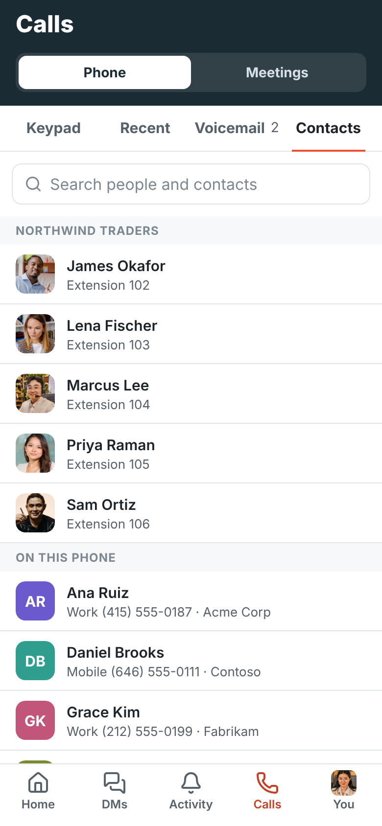 Contacts: colleagues with their extensions, then contacts saved on the phone