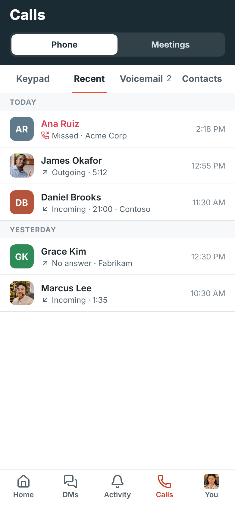 Recent calls by day: a missed call from Ana Ruiz, a call to James Okafor and calls with customers