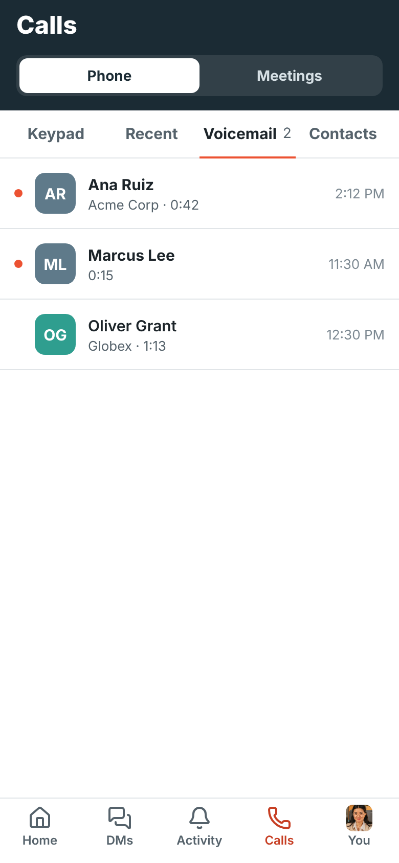 Voicemail: two new messages from Ana Ruiz and Marcus Lee, and one heard
