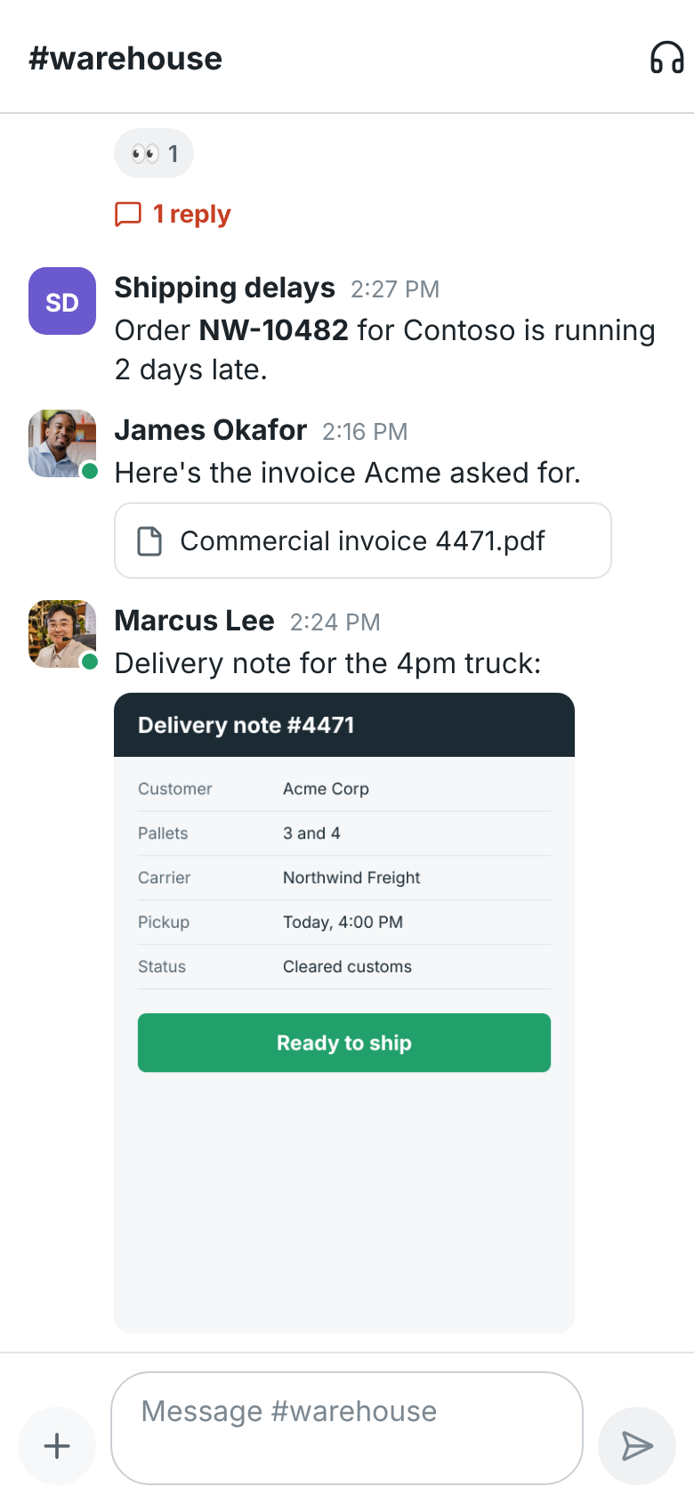 #warehouse with a PDF invoice and a delivery note picture in the conversation
