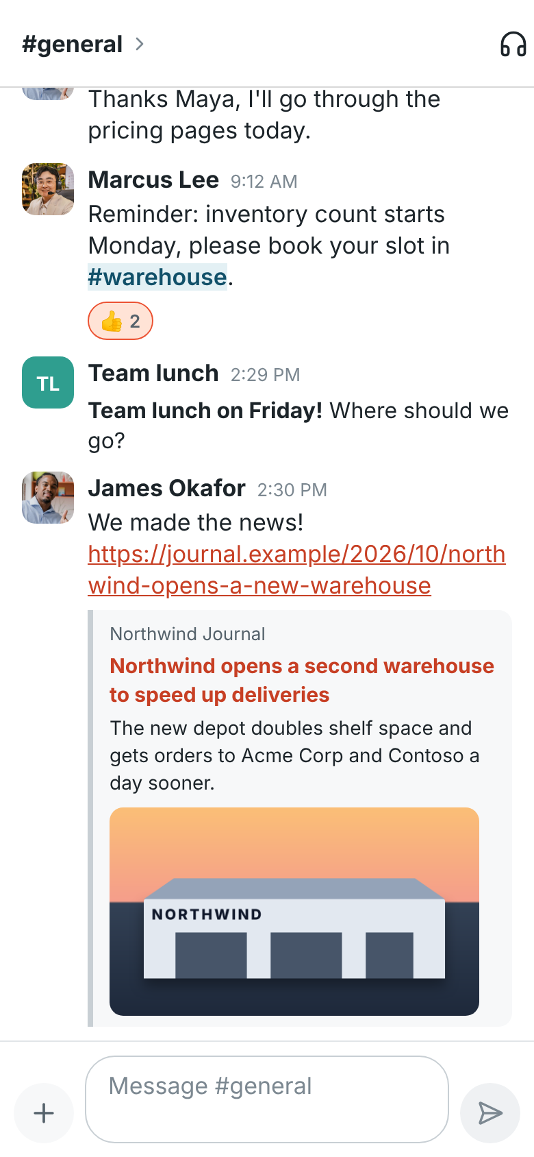 James's message in #general linking a Northwind Journal article, with the site, the title, a line and the article's picture under it